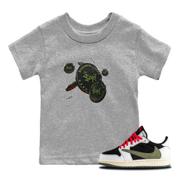 Air Jordan 1 Travis Scott Olive Sneaker Match Tees Coin Drop Sneaker Tees AJ1 OG Travis Scott Olive Sneaker Release Tees Kids Shirts Heather Grey 1