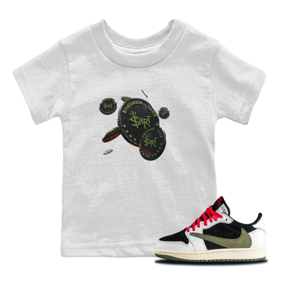 Air Jordan 1 Travis Scott Olive Sneaker Match Tees Coin Drop Sneaker Tees AJ1 OG Travis Scott Olive Sneaker Release Tees Kids Shirts White 1