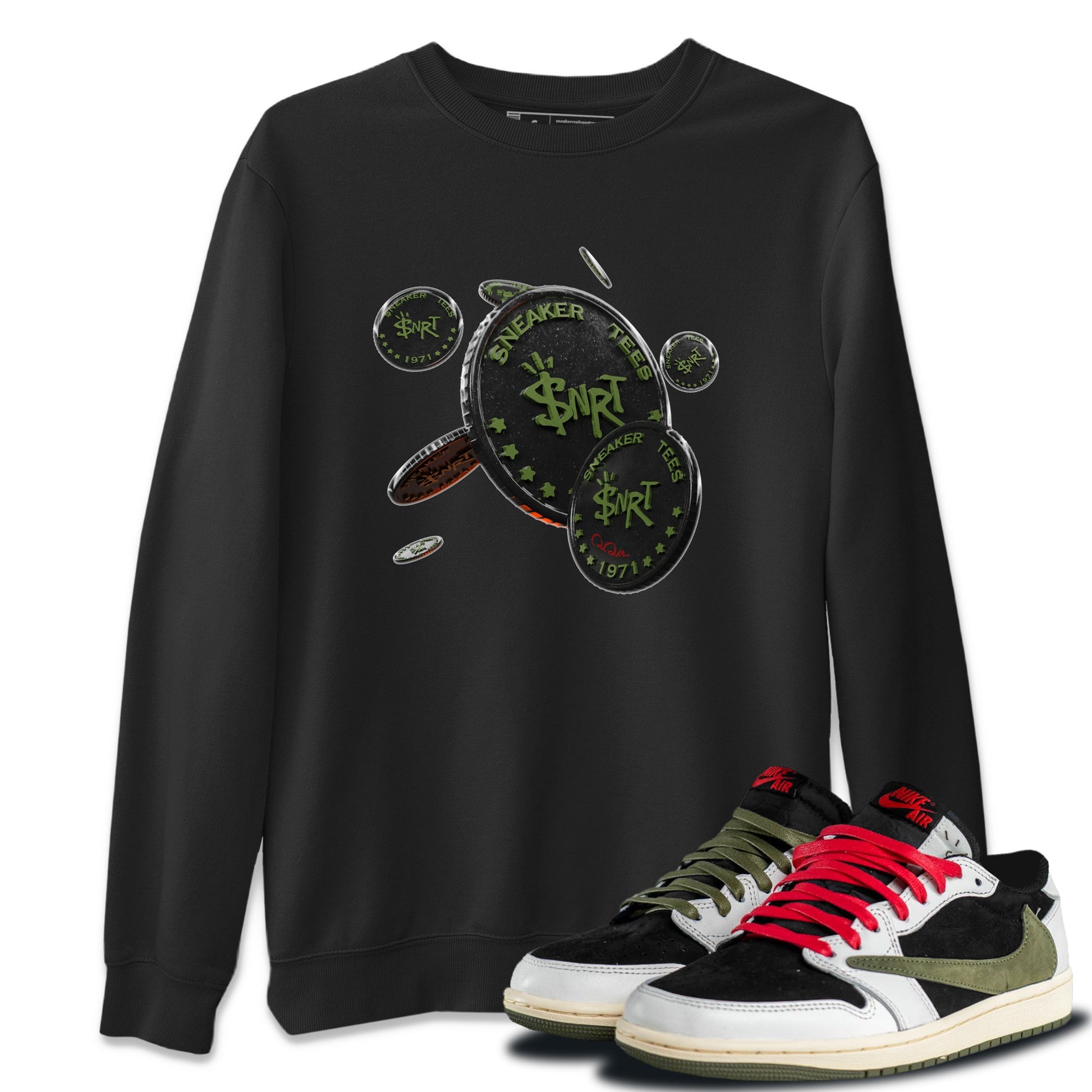 Air Jordan 1 Travis Scott Olive Sneaker Match Tees Coin Drop Sneaker Tees AJ1 OG Travis Scott Olive Sneaker Release Tees Unisex Shirts Black 1