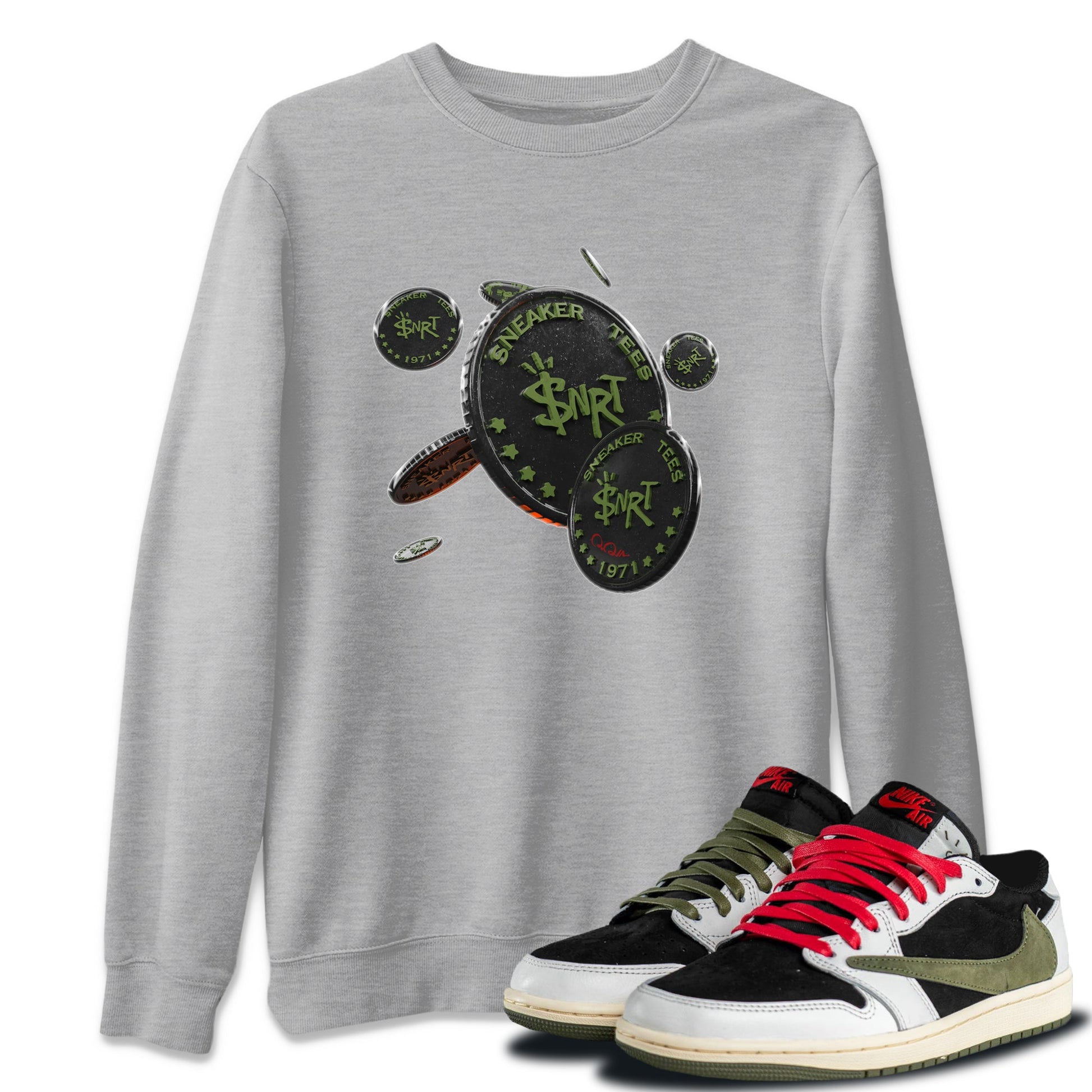 Air Jordan 1 Travis Scott Olive Sneaker Match Tees Coin Drop Sneaker Tees AJ1 OG Travis Scott Olive Sneaker Release Tees Unisex Shirts Heather Grey 1