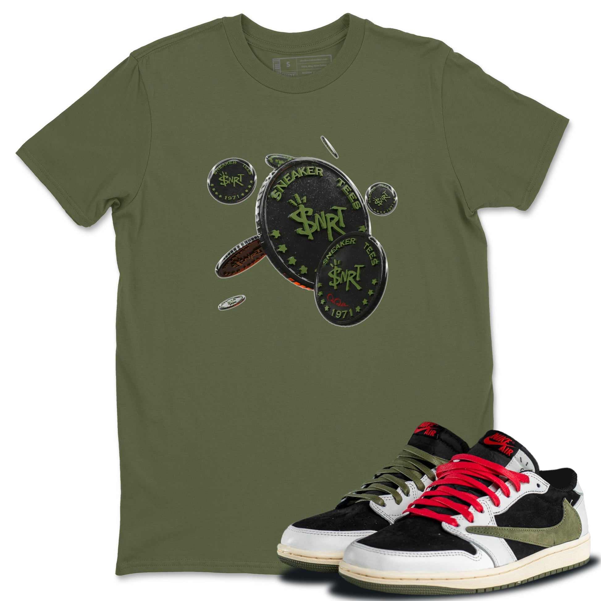 Air Jordan 1 Travis Scott Olive Sneaker Match Tees Coin Drop Sneaker Tees AJ1 OG Travis Scott Olive Sneaker Release Tees Unisex Shirts Military Green 1