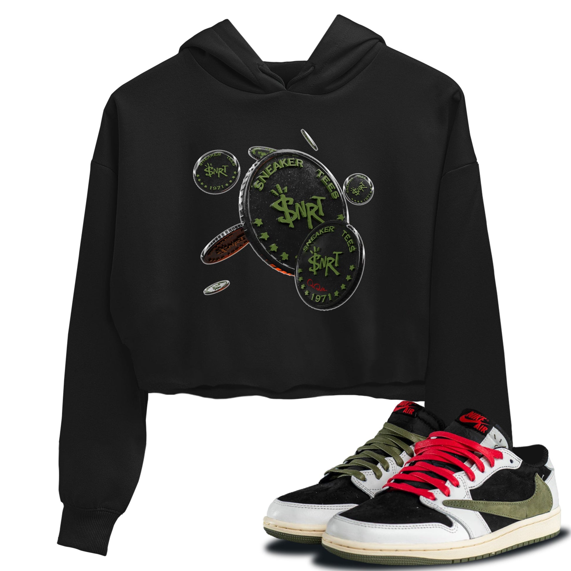 Air Jordan 1 Travis Scott Olive Sneaker Match Tees Coin Drop Sneaker Tees AJ1 OG Travis Scott Olive Sneaker Release Tees Women's Shirts Black 1