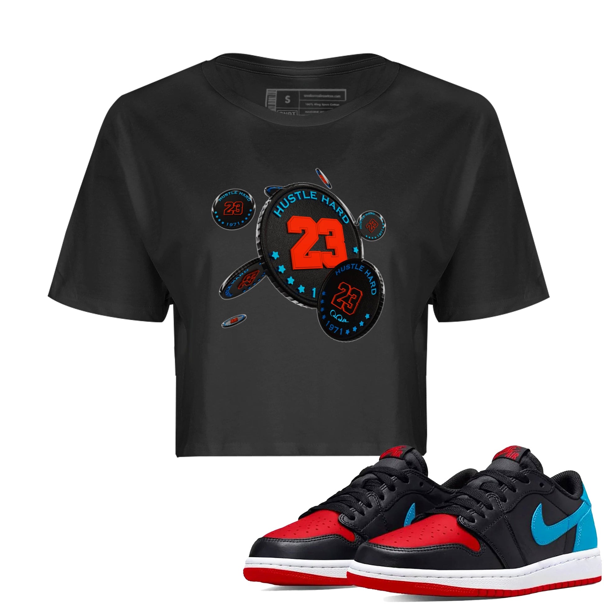 Air Jordan 1 UNC to Chicago Sneaker Match Tees Coin Drop Sneaker Tees AJ1 UNC to Chicago Sneaker Release Tees Women's Shirts Black 1