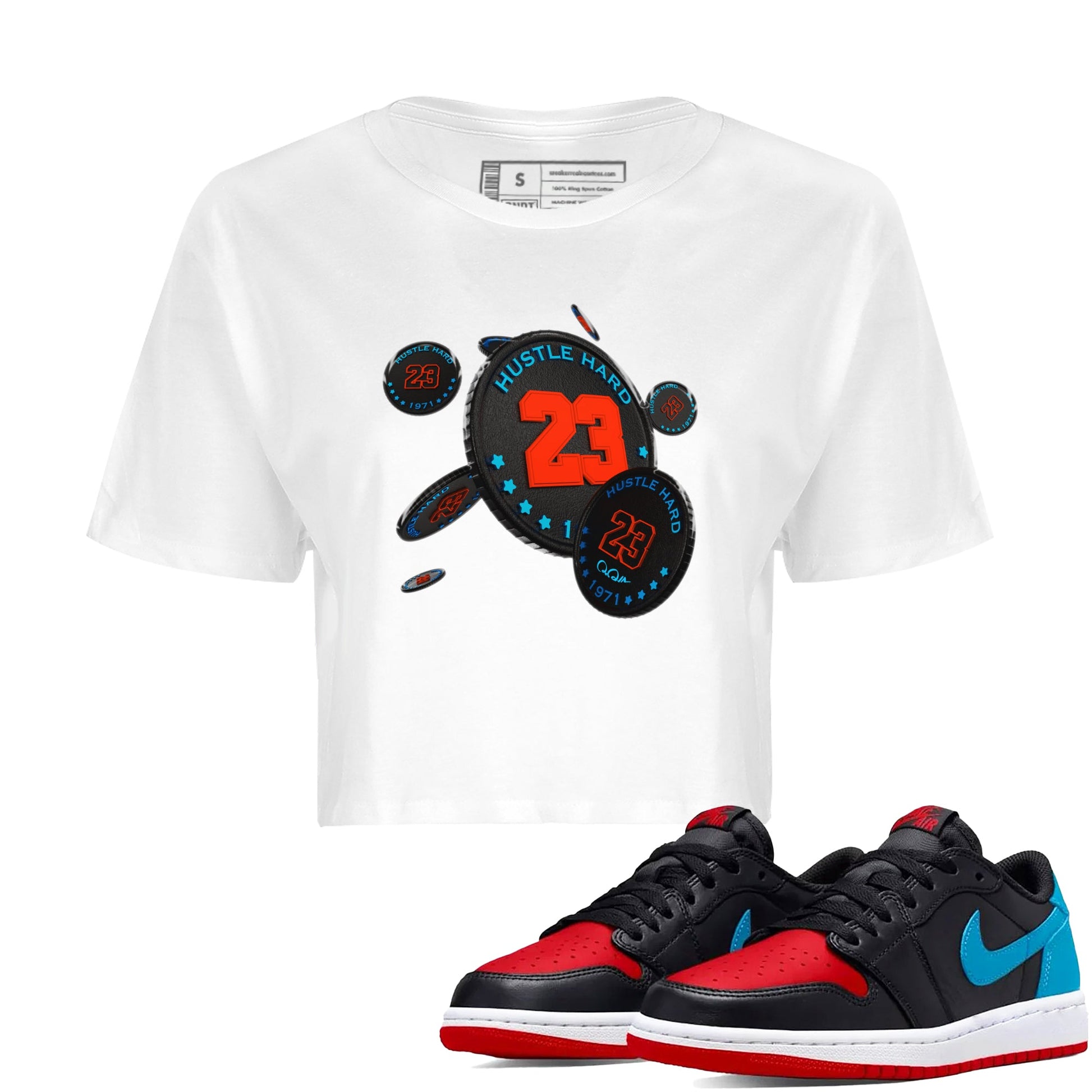Air Jordan 1 UNC to Chicago Sneaker Match Tees Coin Drop Sneaker Tees AJ1 UNC to Chicago Sneaker Release Tees Women's Shirts White 1