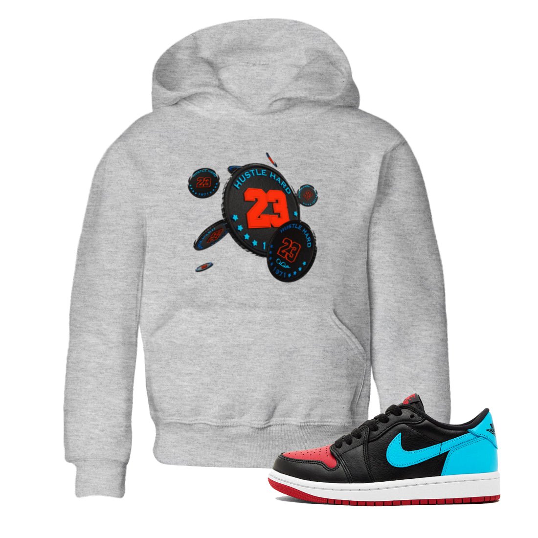 Air Jordan 1 UNC to Chicago Sneaker Match Tees Coin Drop Sneaker Tees AJ1 UNC to Chicago Sneaker Release Tees Kids Shirts Heather Grey 1