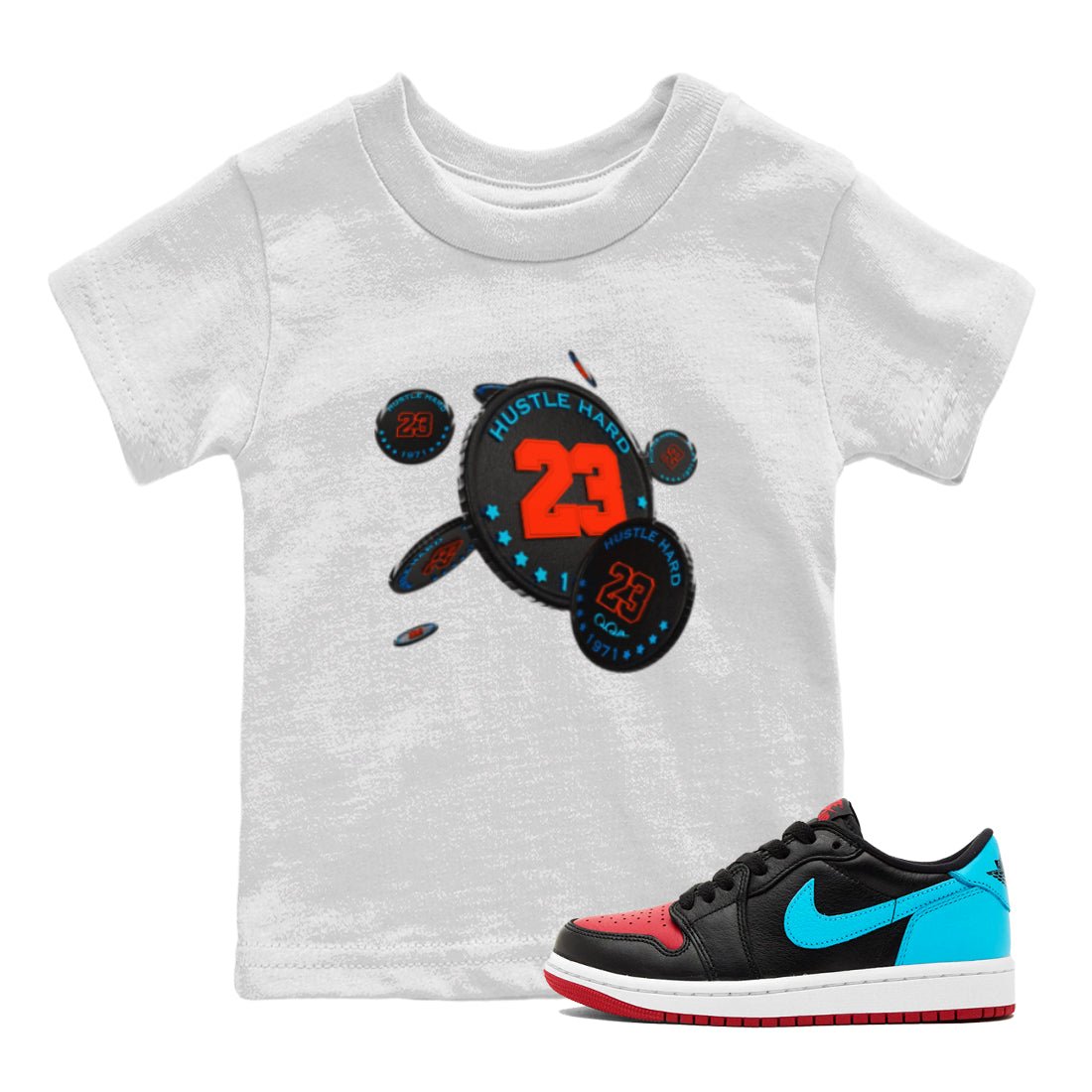 Air Jordan 1 UNC to Chicago Sneaker Match Tees Coin Drop Sneaker Tees AJ1 UNC to Chicago Sneaker Release Tees Kids Shirts White 1