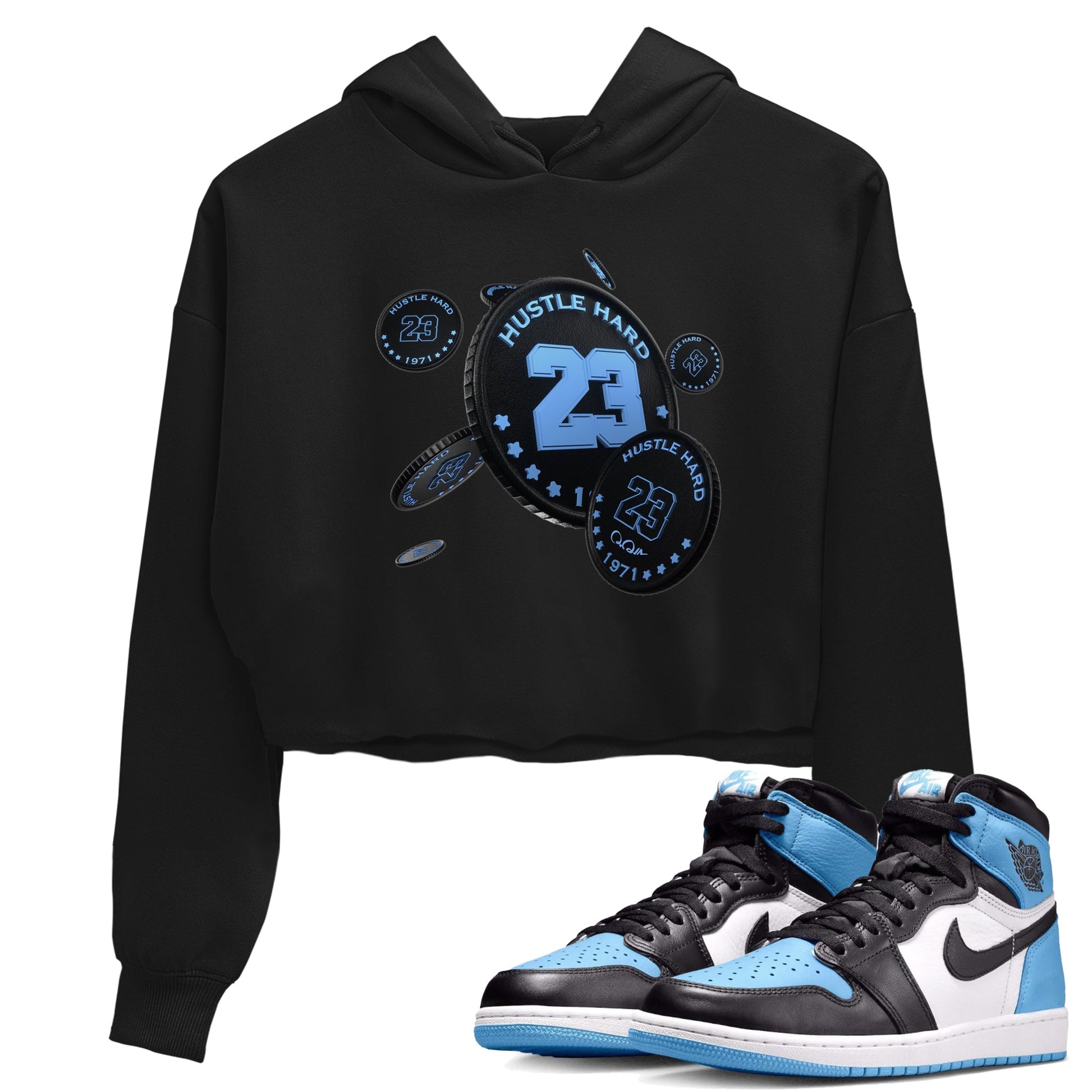 Air Jordan 1 Retro High OG UNC Toe Shirt to match Jordans Coin Drop Sneaker Tees AJ1 UNC Toe SNRT Sneaker Release Tees Crop T-Shirts Black 1