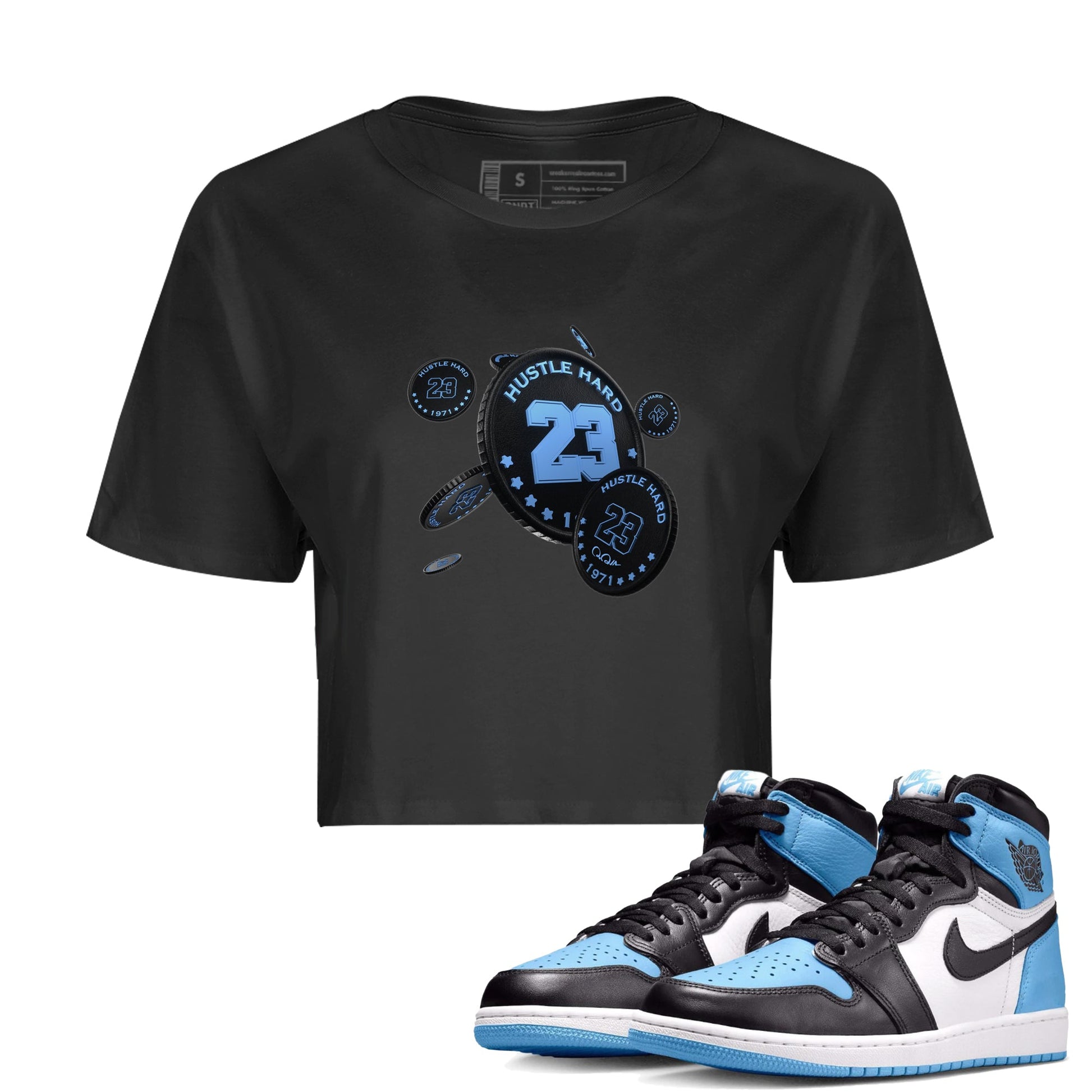 Air Jordan 1 Retro High OG UNC Toe Shirt to match Jordans Coin Drop Sneaker Tees AJ1 UNC Toe SNRT Sneaker Release Tees Crop T-Shirts Black 1