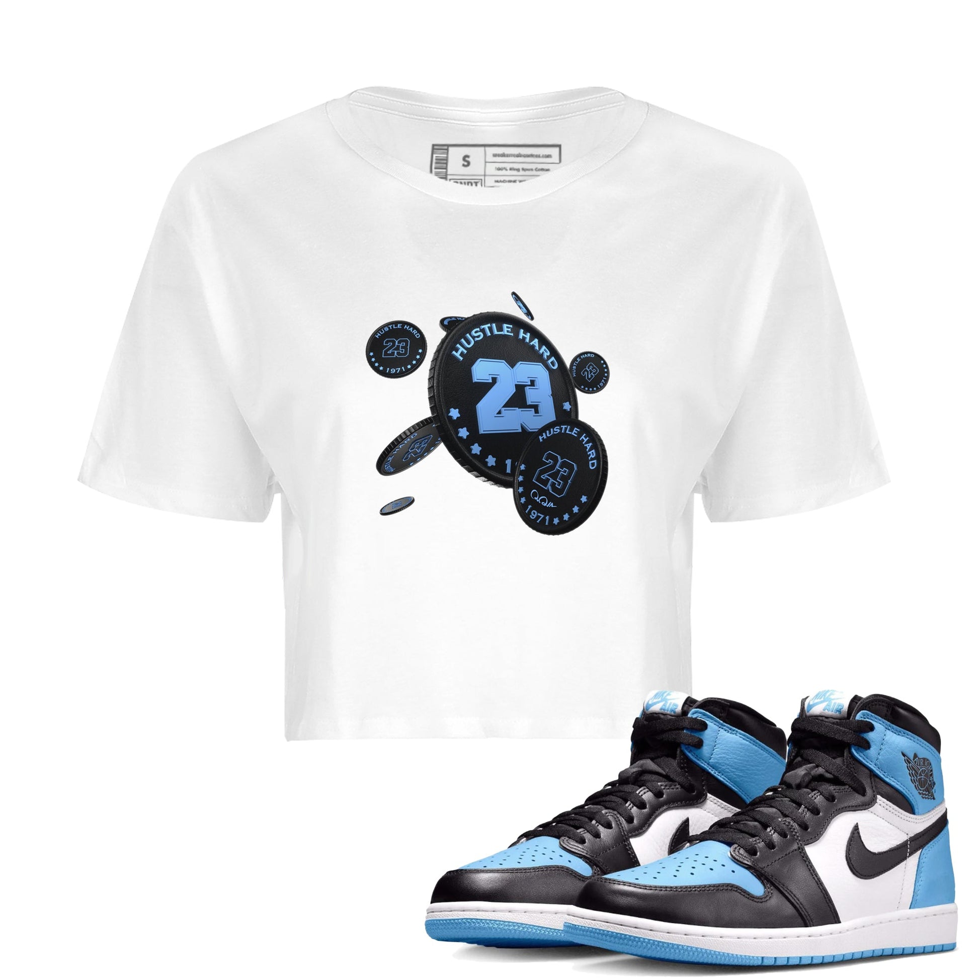 Air Jordan 1 Retro High OG UNC Toe Shirt to match Jordans Coin Drop Sneaker Tees AJ1 UNC Toe SNRT Sneaker Release Tees Crop T-Shirts White 1