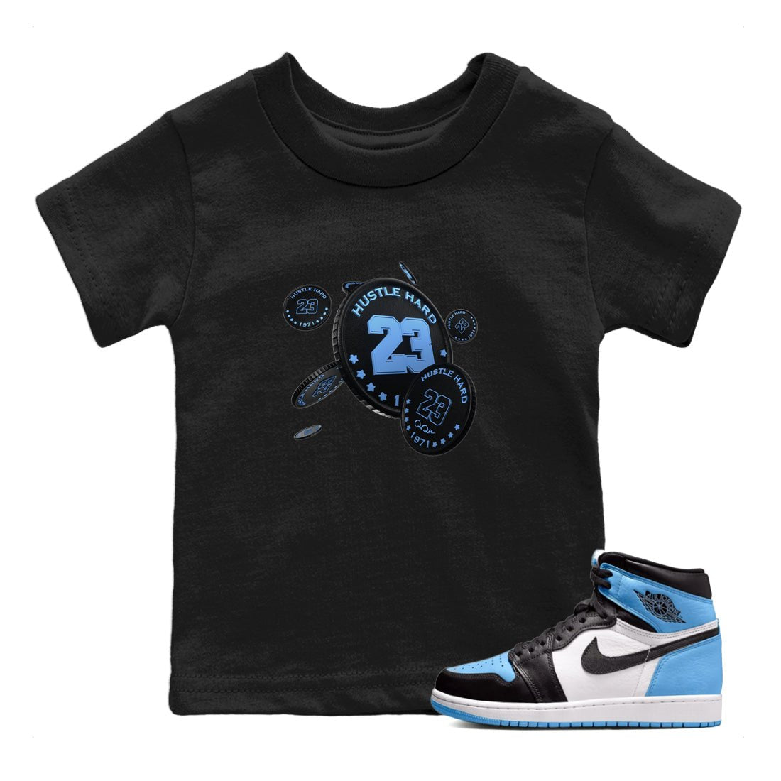 Air Jordan 1 Retro High OG UNC Toe Shirt to match Jordans Coin Drop Sneaker Tees AJ1 UNC Toe SNRT Sneaker Release Tees Kids and Baby Tees Black 1