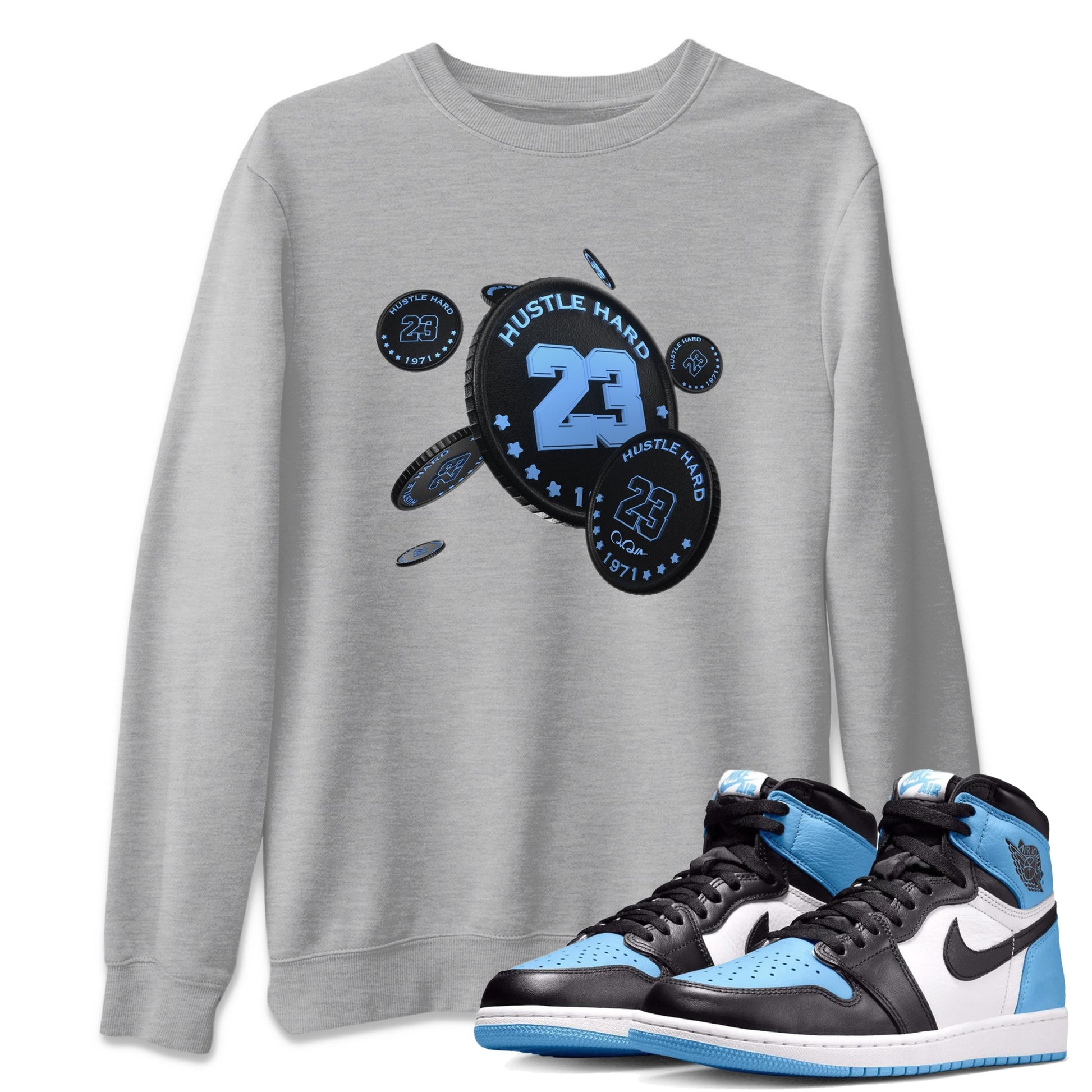 Air Jordan 1 Retro High OG UNC Toe Shirt to match Jordans Coin Drop Sneaker Tees AJ1 UNC Toe SNRT Sneaker Release Tees Crew Neck T-Shirts Heather Grey 1