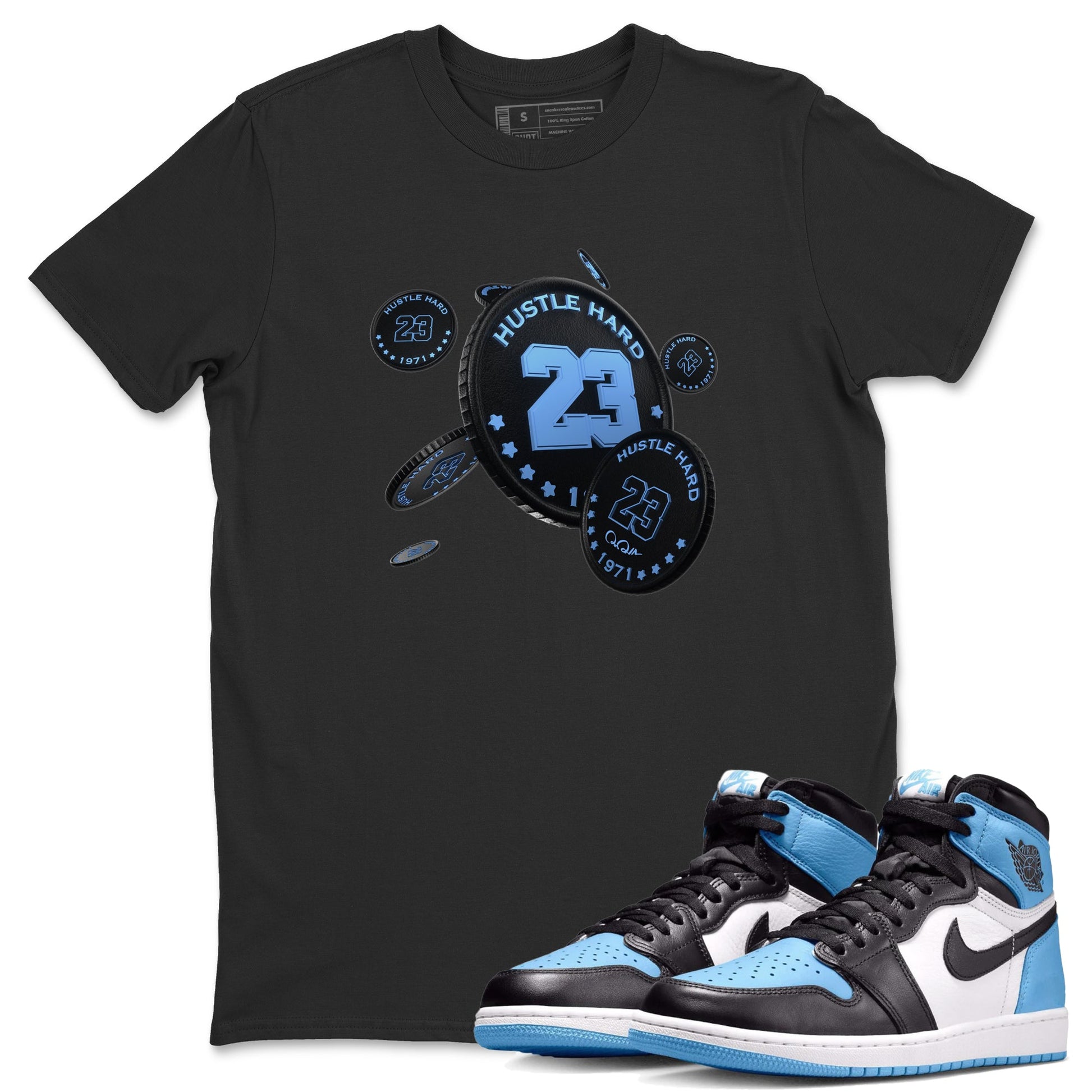 Air Jordan 1 Retro High OG UNC Toe Shirt to match Jordans Coin Drop Sneaker Tees AJ1 UNC Toe SNRT Sneaker Release Tees Crew Neck T-Shirts Black 1