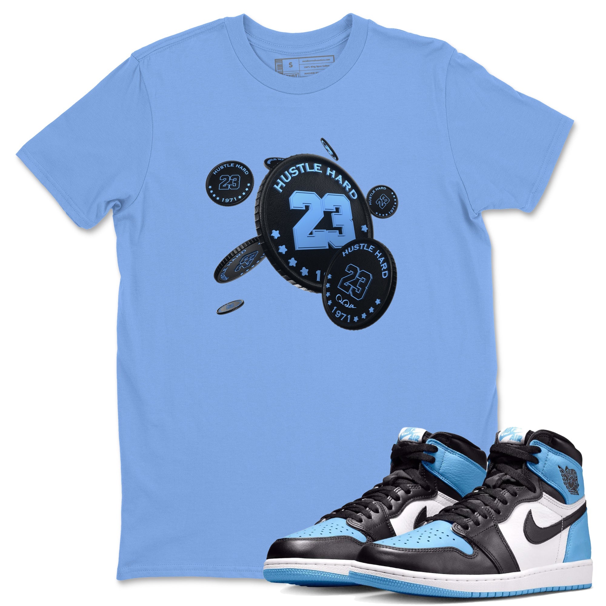 Air Jordan 1 Retro High OG UNC Toe Shirt to match Jordans Coin Drop Sneaker Tees AJ1 UNC Toe SNRT Sneaker Release Tees Crew Neck T-Shirts Carolina Blue 1