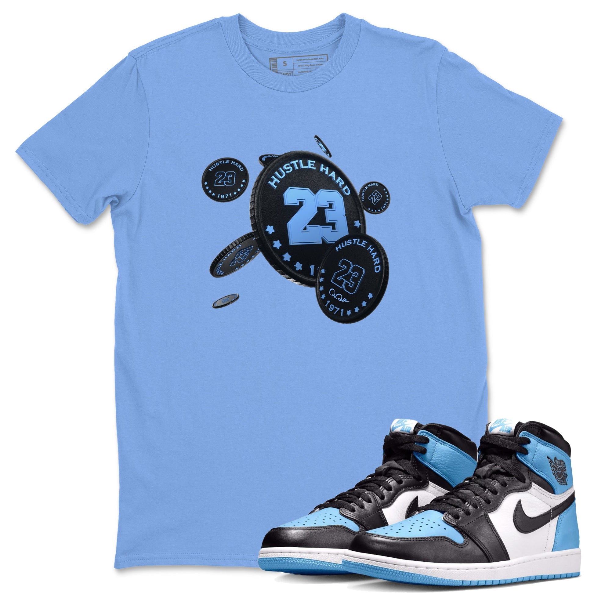 Air Jordan 1 Retro High OG UNC Toe Shirt to match Jordans Coin Drop Sneaker Tees AJ1 UNC Toe SNRT Sneaker Release Tees Crew Neck T-Shirts Carolina Blue 1