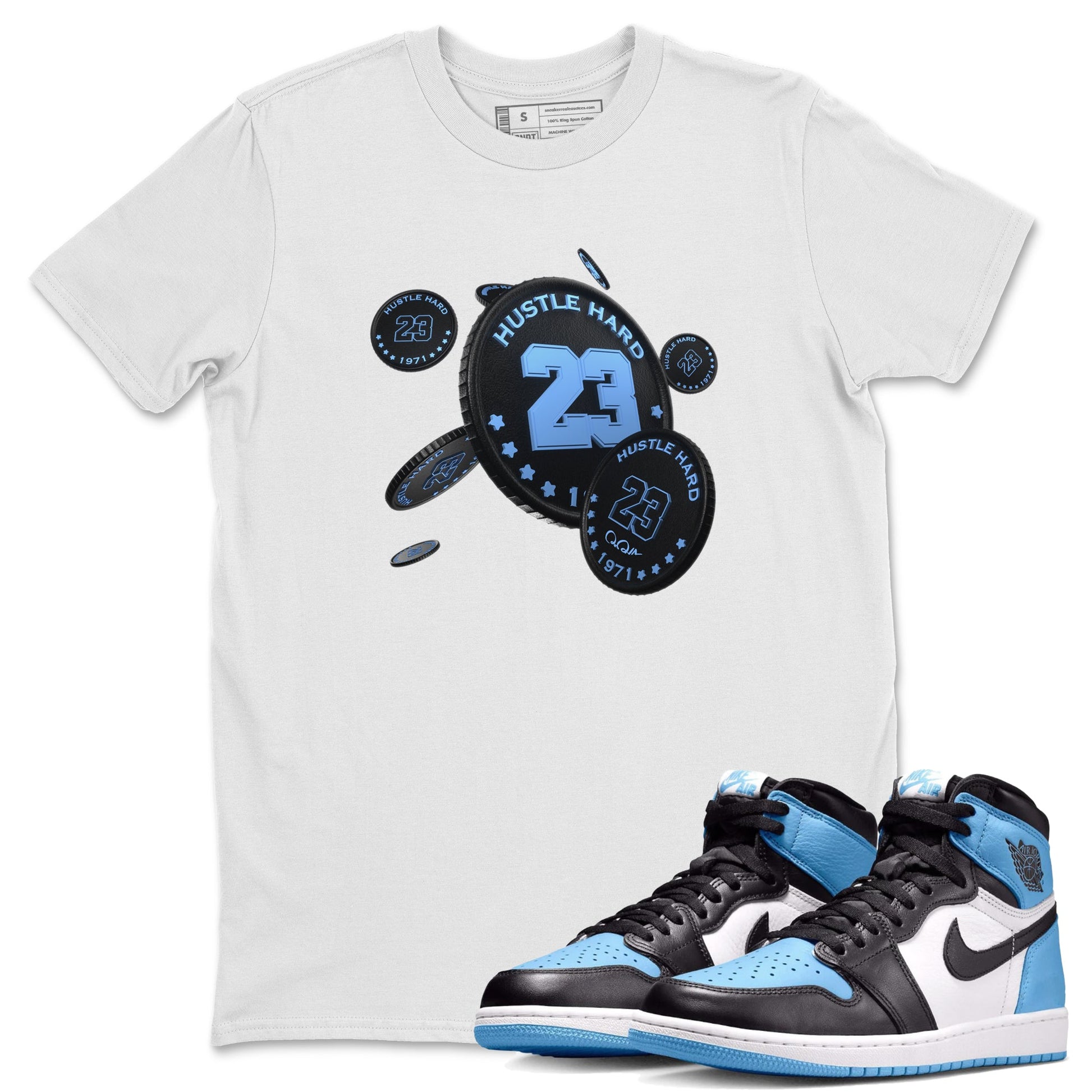 Air Jordan 1 Retro High OG UNC Toe Shirt to match Jordans Coin Drop Sneaker Tees AJ1 UNC Toe SNRT Sneaker Release Tees Crew Neck T-Shirts White 1