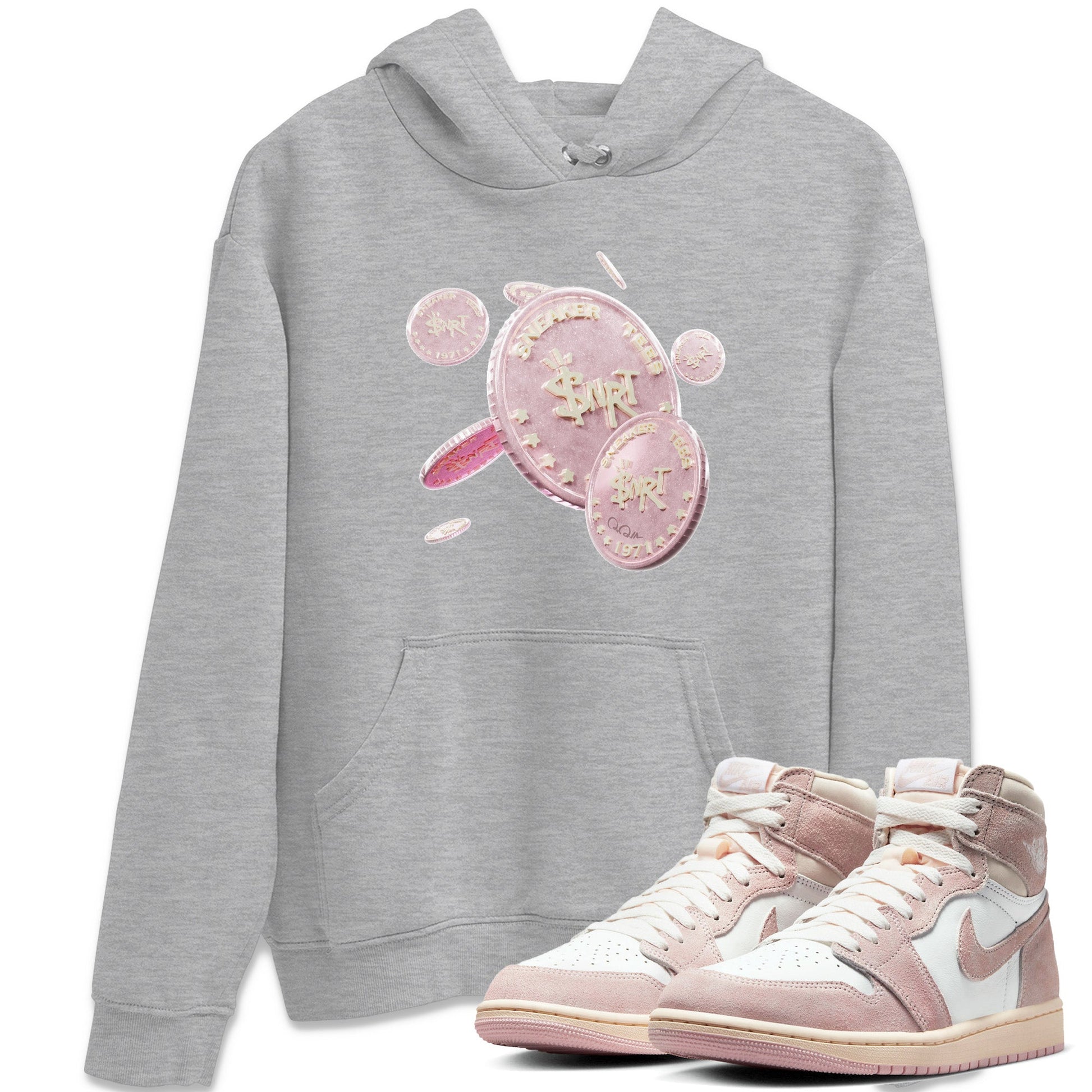 AJ1 Retro High OG Washed Pink Sneaker Match Tees Coin Drop Sneaker Tees AJ1 Retro High OG Washed Pink Sneaker Release Tees Unisex Shirts Heather Grey 1