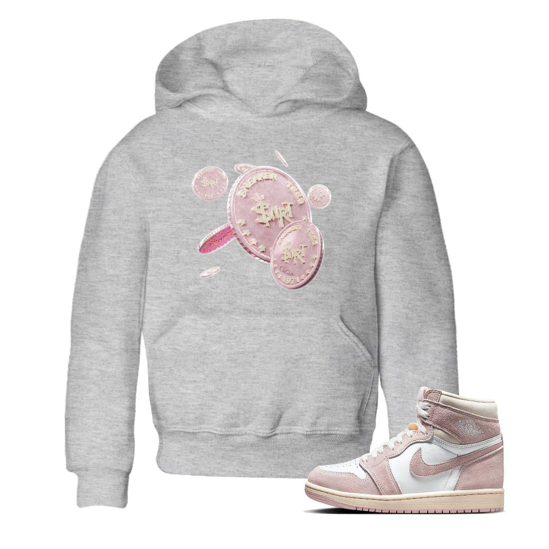 AJ1 Retro High OG Washed Pink Sneaker Match Tees Coin Drop Sneaker Tees AJ1 Retro High OG Washed Pink Sneaker Release Tees Kids Shirts Heather Grey 1