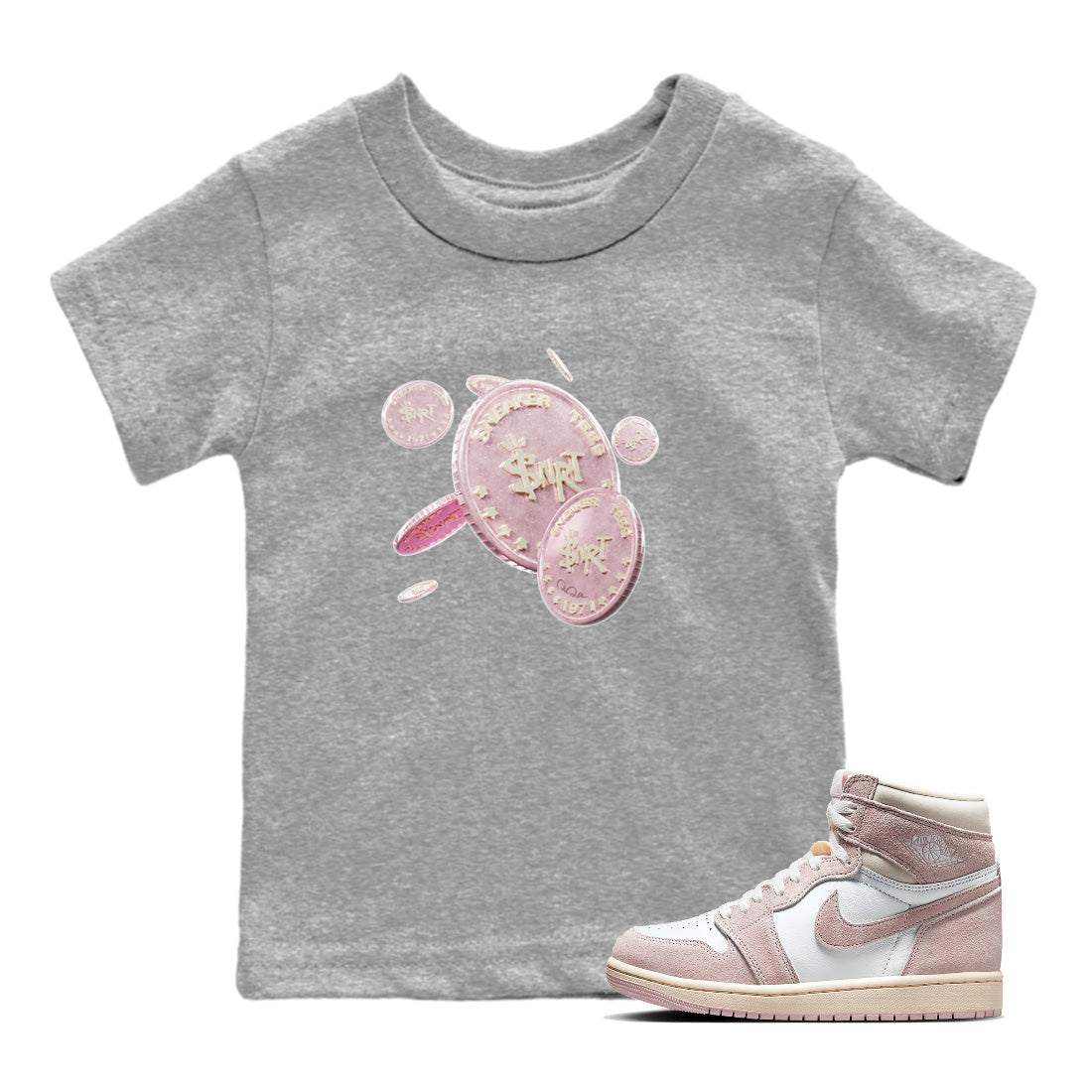 AJ1 Retro High OG Washed Pink Sneaker Match Tees Coin Drop Sneaker Tees AJ1 Retro High OG Washed Pink Sneaker Release Tees Kids Shirts Heather Grey 1