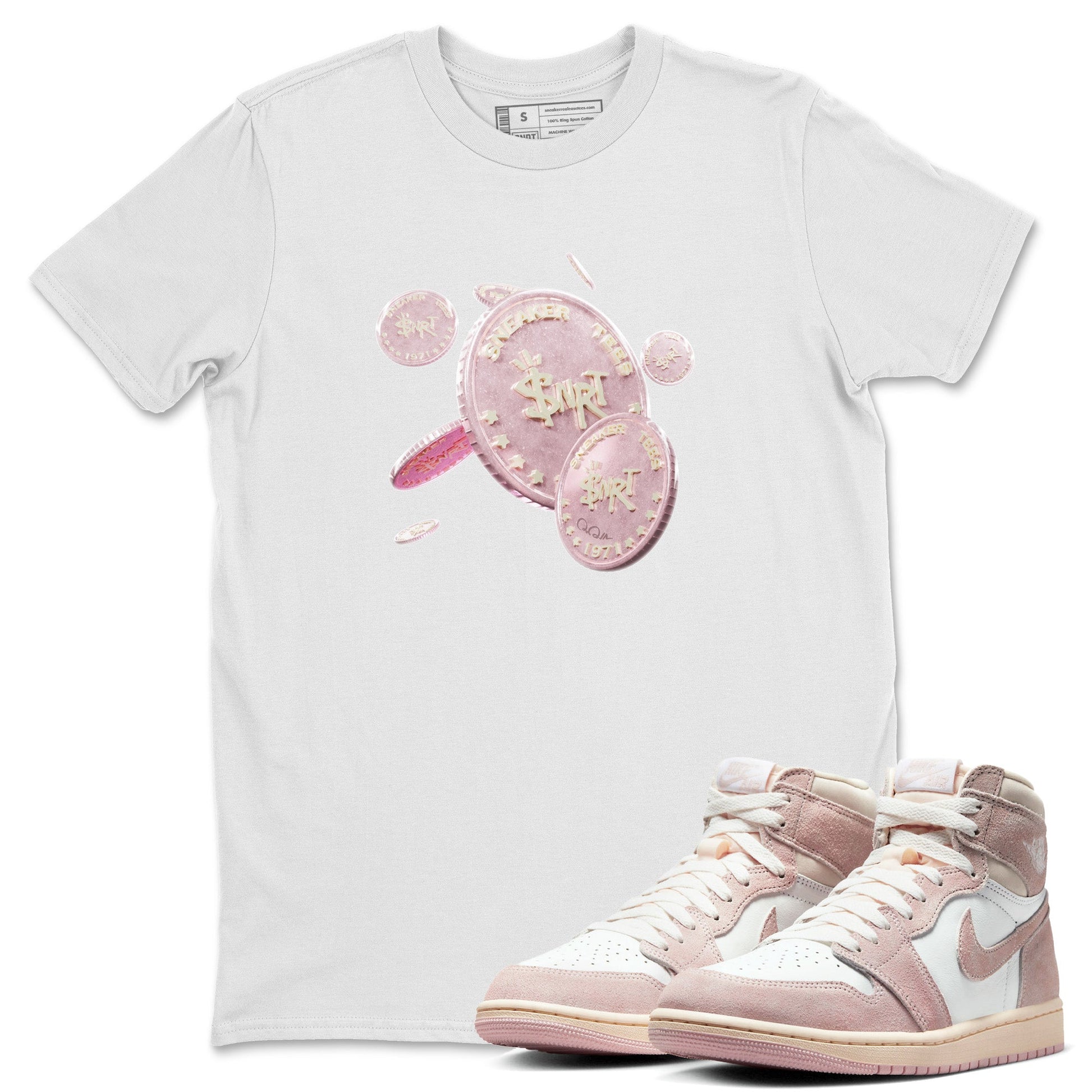 AJ1 Retro High OG Washed Pink Sneaker Match Tees Coin Drop Sneaker Tees AJ1 Retro High OG Washed Pink Sneaker Release Tees Unisex Shirts White 1