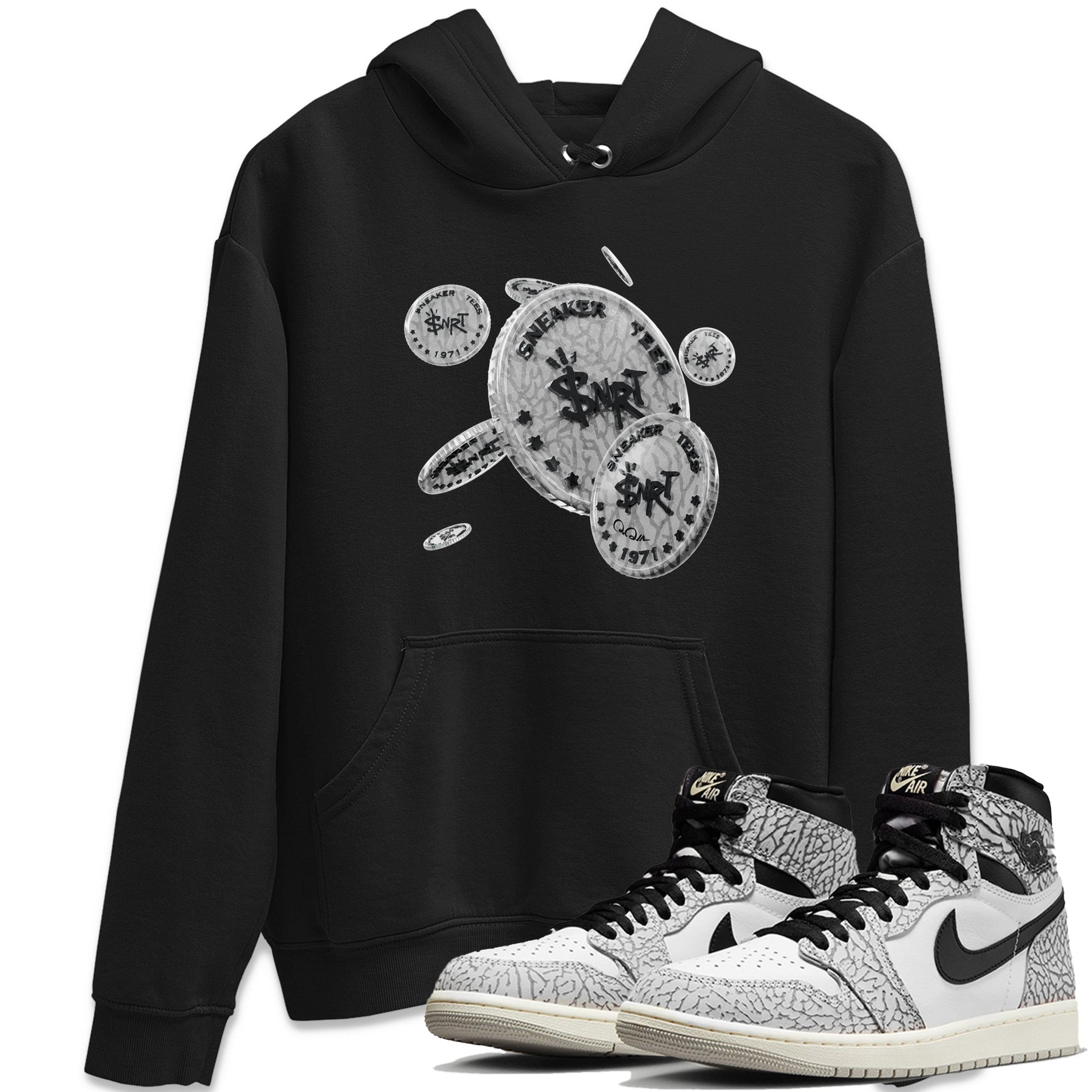 Air Jordan 1 White Cement Sneaker Match Tees Coin Drop Sneaker Tees Air Jordan 1 White Cement Sneaker Release Tees Unisex Shirts Black 1