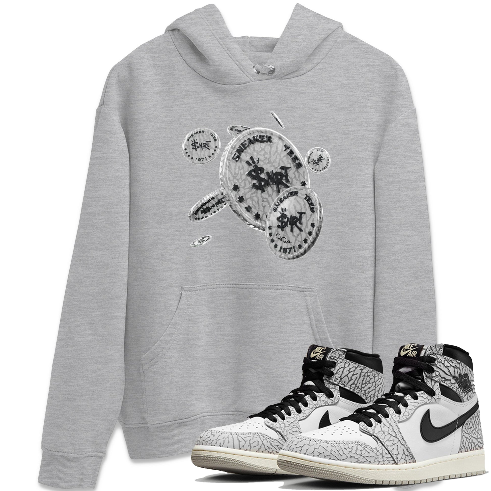 Air Jordan 1 White Cement Sneaker Match Tees Coin Drop Sneaker Tees Air Jordan 1 White Cement Sneaker Release Tees Unisex Shirts Heather Grey 1