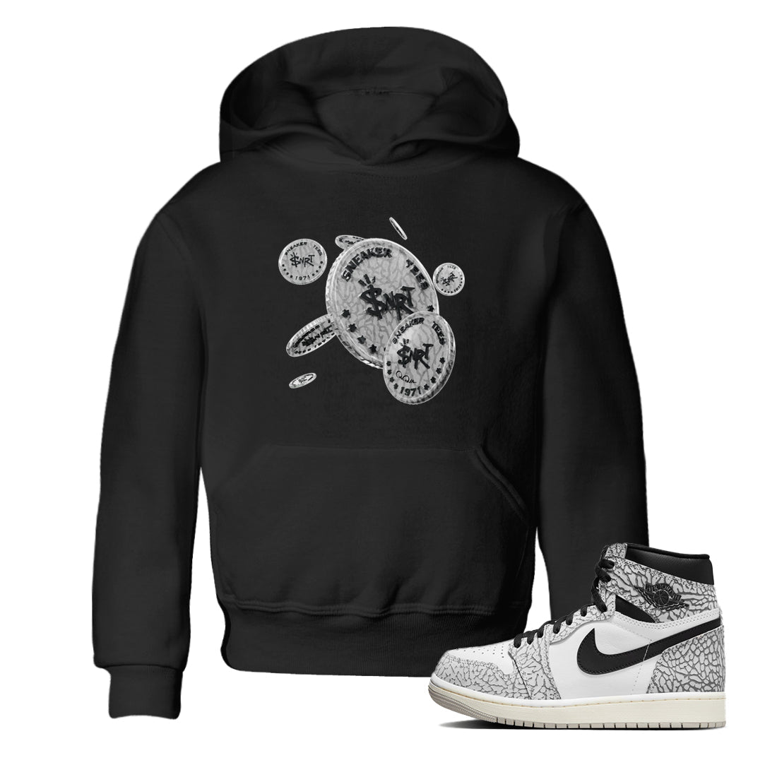 Air Jordan 1 White Cement Sneaker Match Tees Coin Drop Sneaker Tees Air Jordan 1 White Cement Sneaker Release Tees Kids Shirts Black 1