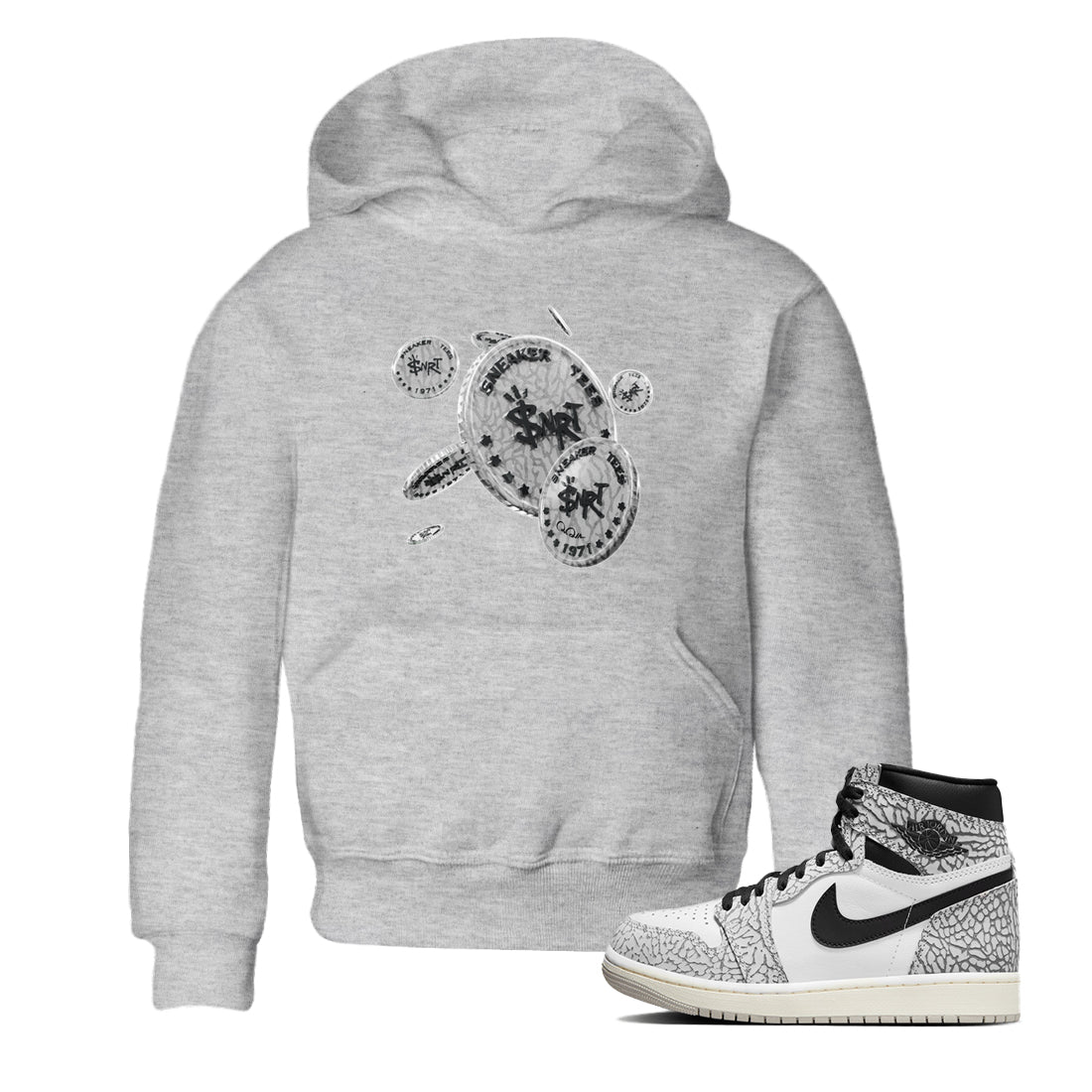Air Jordan 1 White Cement Sneaker Match Tees Coin Drop Sneaker Tees Air Jordan 1 White Cement Sneaker Release Tees Kids Shirts Heather Grey 1