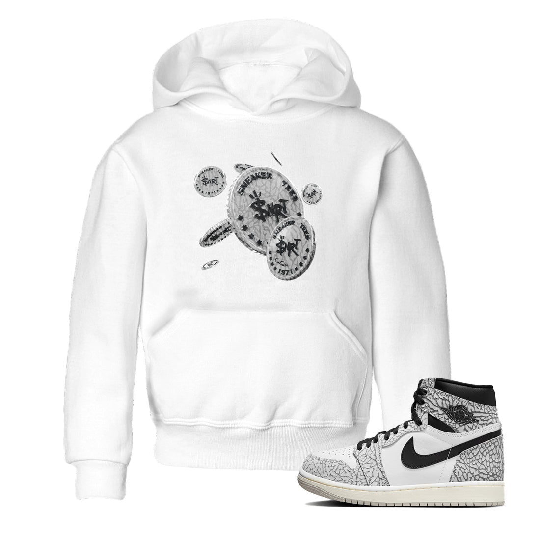 Air Jordan 1 White Cement Sneaker Match Tees Coin Drop Sneaker Tees Air Jordan 1 White Cement Sneaker Release Tees Kids Shirts White 1