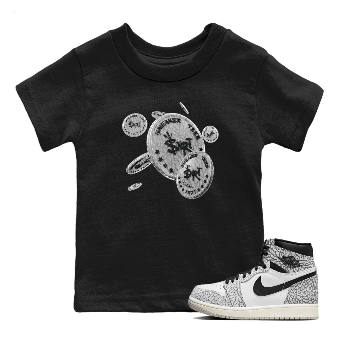 Air Jordan 1 White Cement Sneaker Match Tees Coin Drop Sneaker Tees Air Jordan 1 White Cement Sneaker Release Tees Kids Shirts Black 1