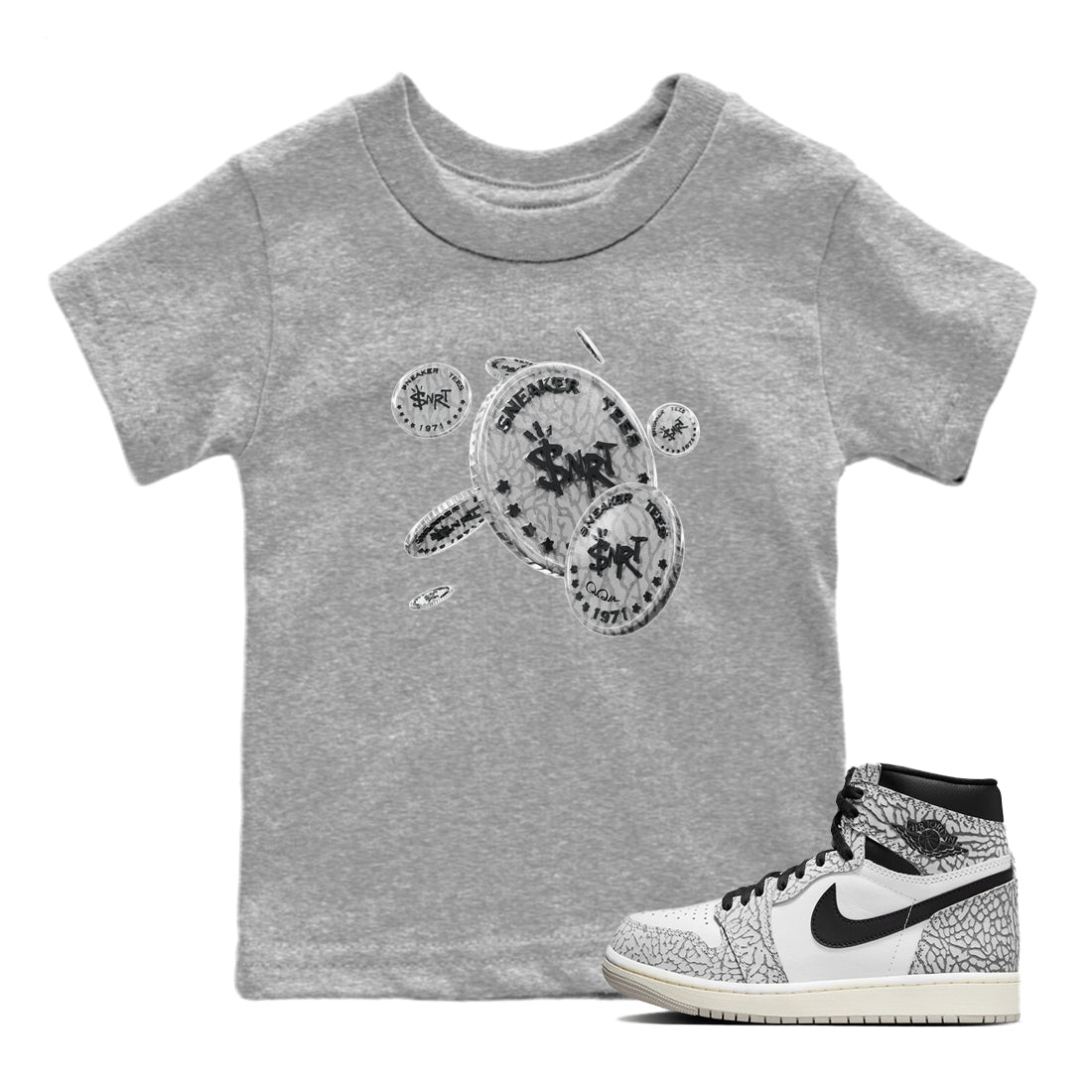 Air Jordan 1 White Cement Sneaker Match Tees Coin Drop Sneaker Tees Air Jordan 1 White Cement Sneaker Release Tees Kids Shirts Heather Grey 1