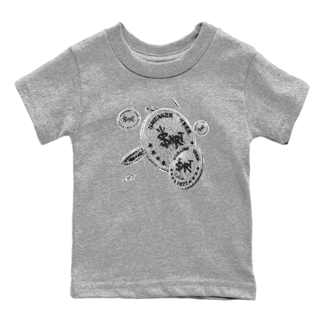 Air Jordan 1 White Cement Sneaker Match Tees Coin Drop Sneaker Tees Air Jordan 1 White Cement Sneaker Release Tees Kids Shirts Heather Grey 2