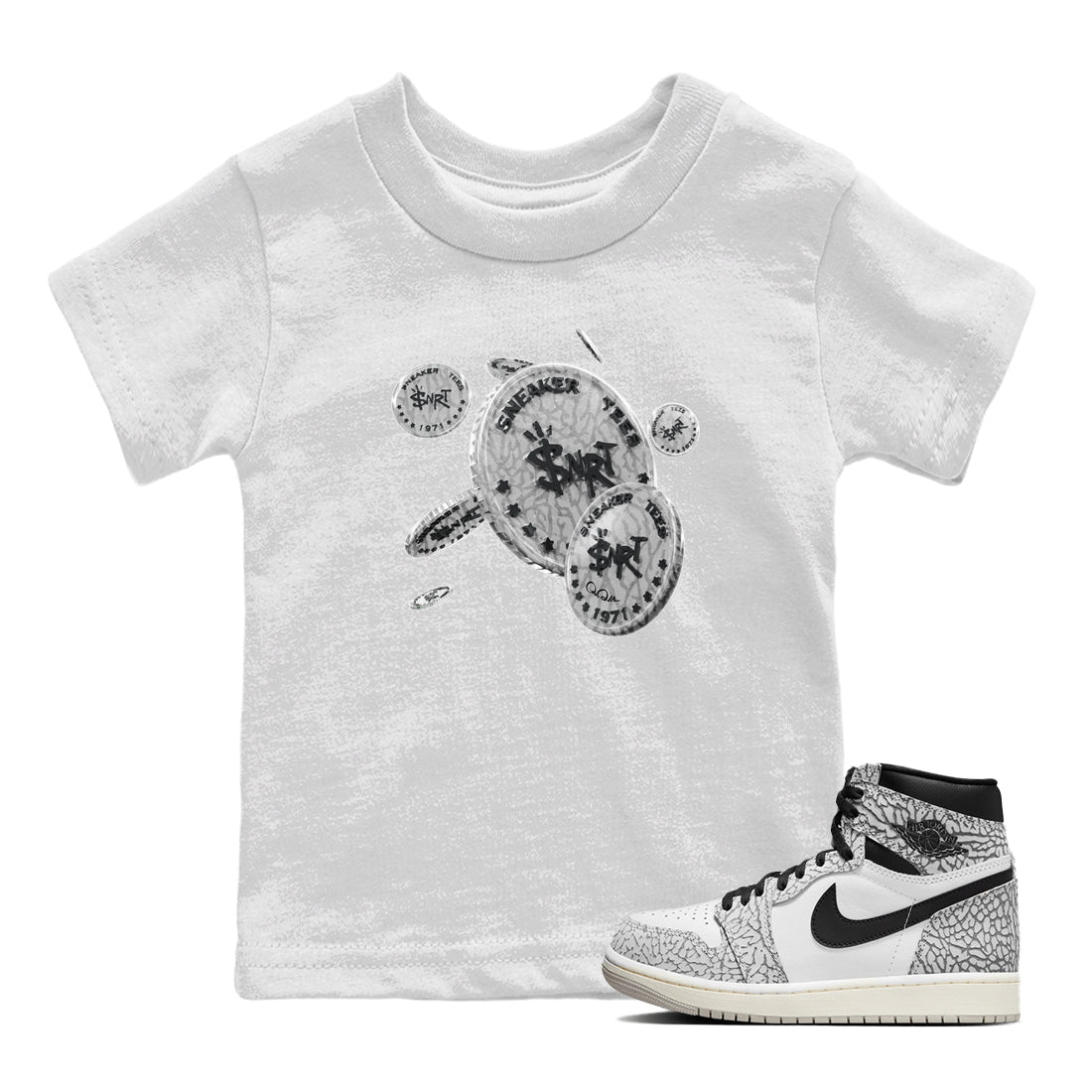 Air Jordan 1 White Cement Sneaker Match Tees Coin Drop Sneaker Tees Air Jordan 1 White Cement Sneaker Release Tees Kids Shirts White 1