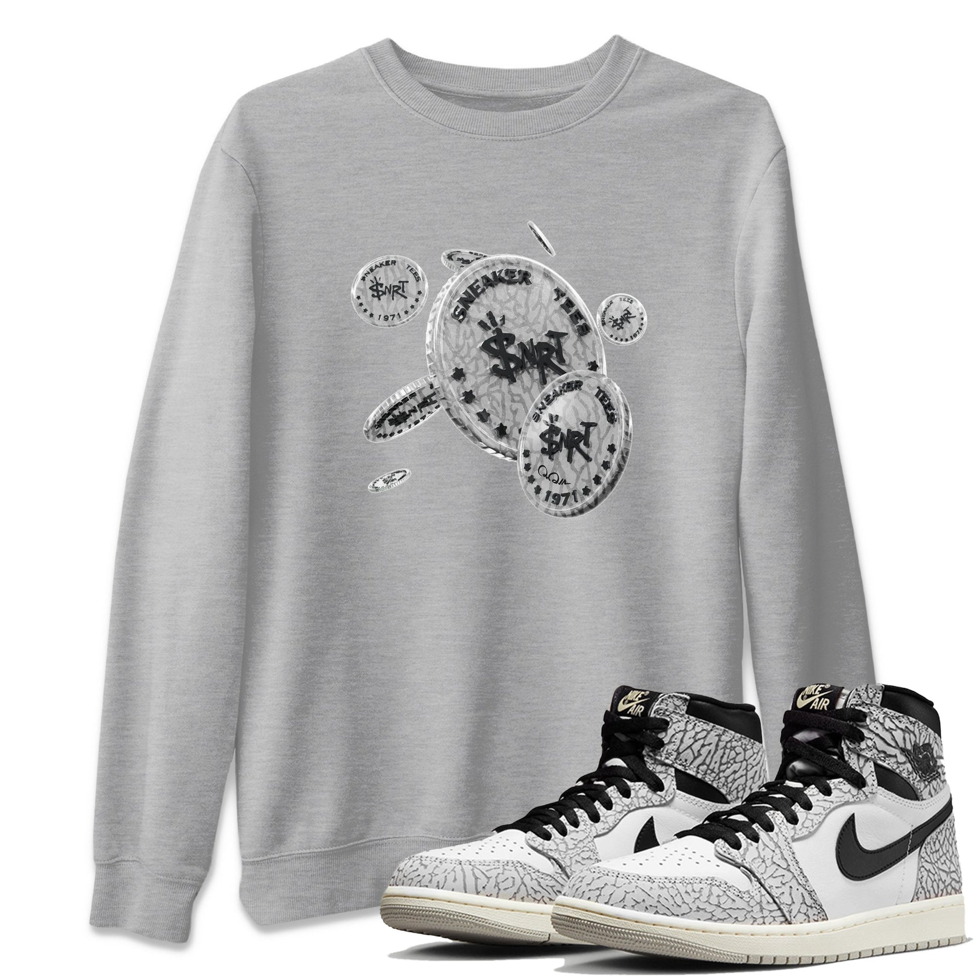 Air Jordan 1 White Cement Sneaker Match Tees Coin Drop Sneaker Tees Air Jordan 1 White Cement Sneaker Release Tees Unisex Shirts Heather Grey 1