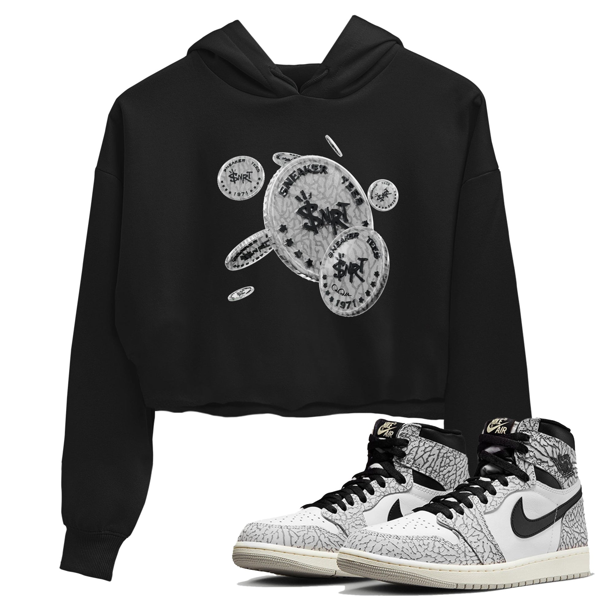 Air Jordan 1 White Cement Sneaker Match Tees Coin Drop Sneaker Tees Air Jordan 1 White Cement Sneaker Release Tees Women's Shirts Black 1