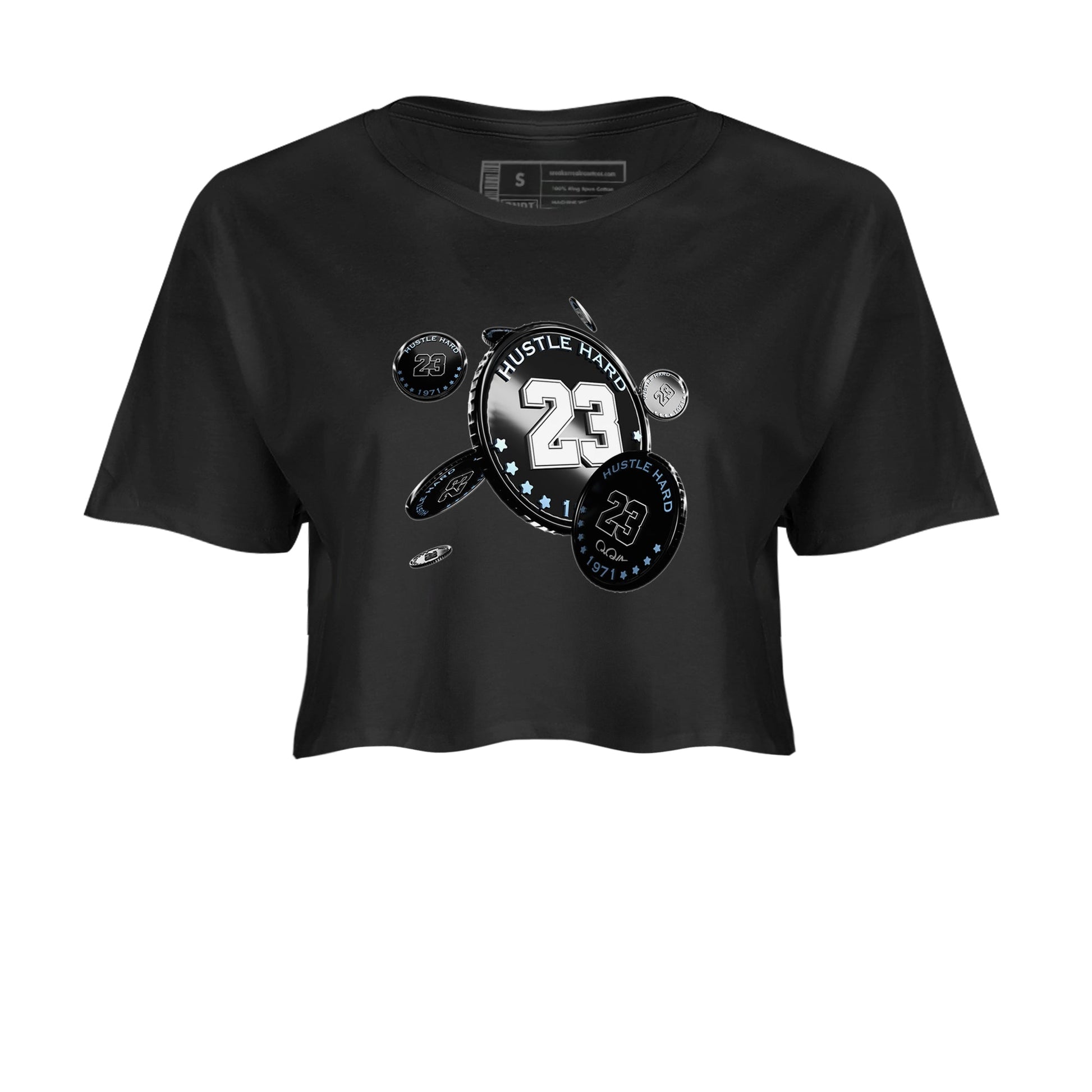 11s Space Jam shirt to match jordans Coin Drop sneaker tees Air Jordan 11 Space Jam SNRT Sneaker Release Tees Black 2 Crop T-Shirt
