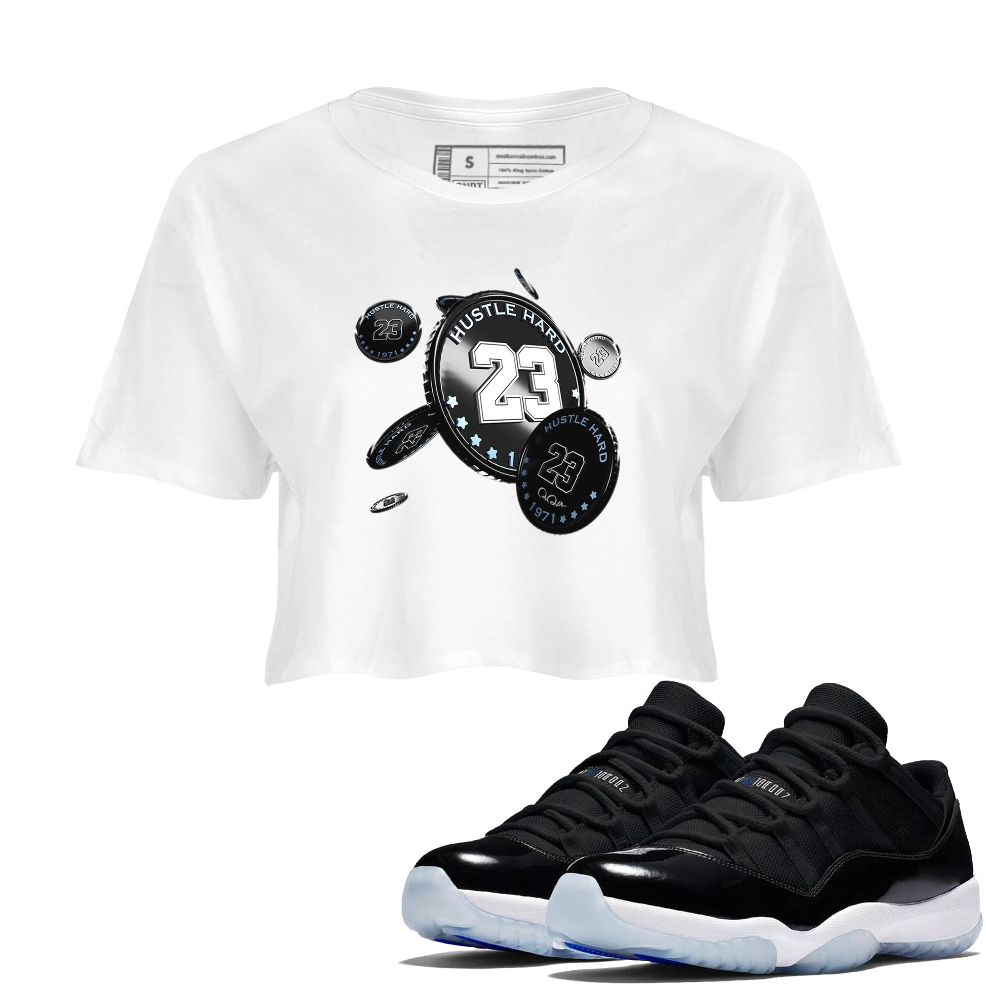 11s Space Jam shirt to match jordans Coin Drop sneaker tees Air Jordan 11 Space Jam SNRT Sneaker Release Tees White 1 Crop T-Shirt