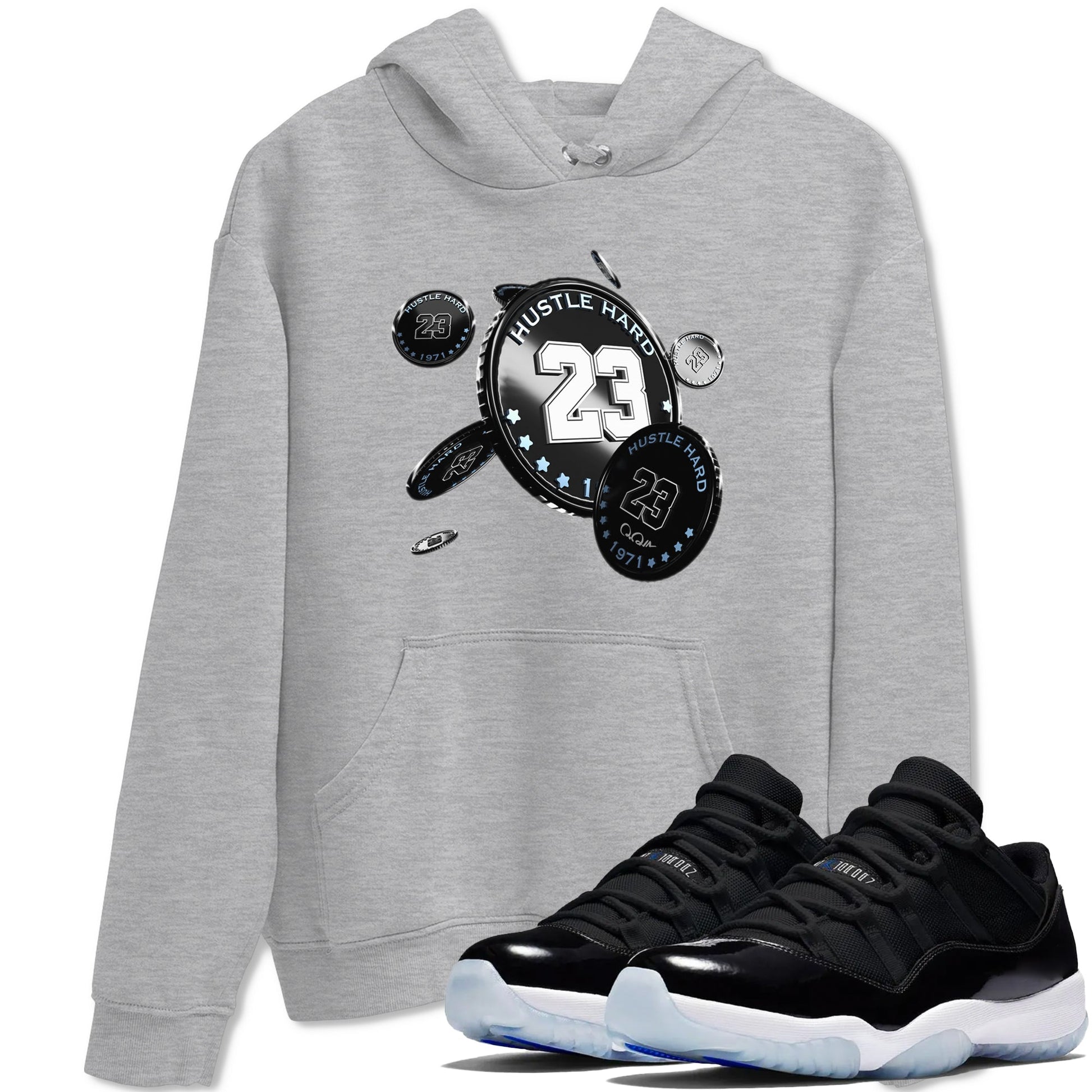 11s Black and Varsity Royal shirt to match jordans Coin Drop sneaker tees Air Jordan 11 Black/Varsity Royal SNRT Sneaker Release Tees Unisex Heather Grey 1 T-Shirt