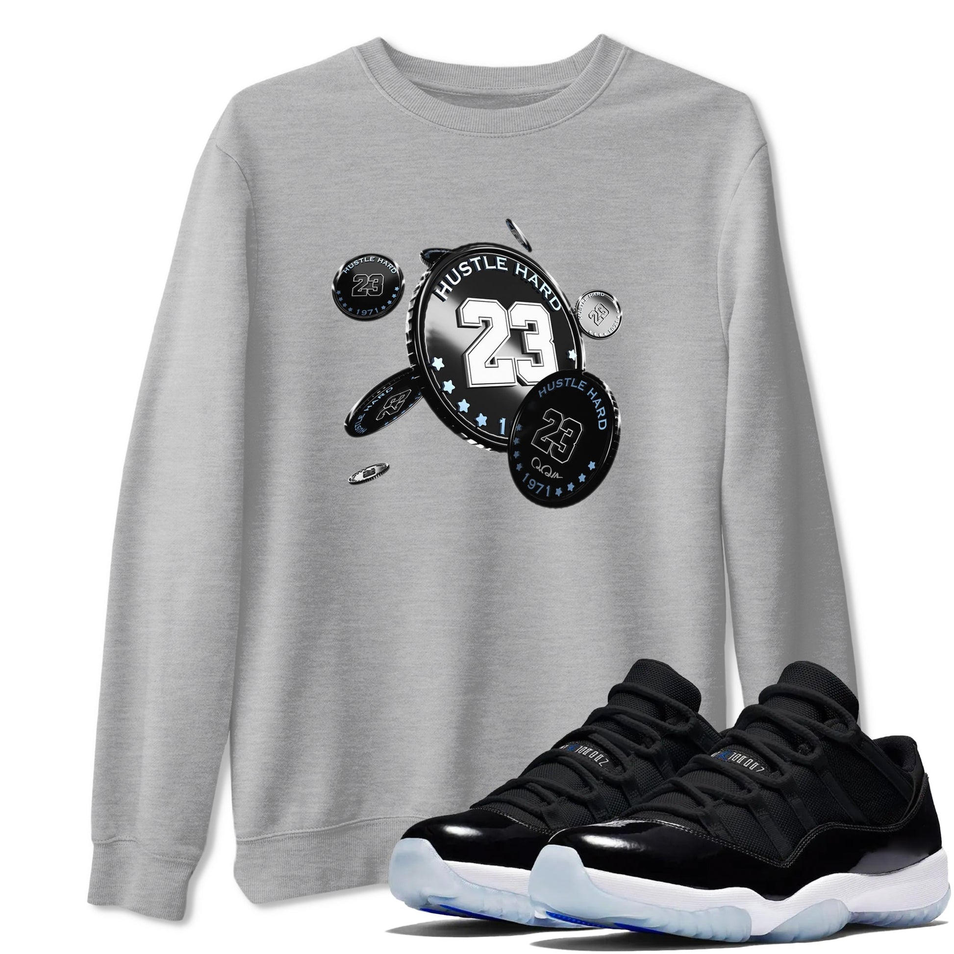 11s Black and Varsity Royal shirt to match jordans Coin Drop sneaker tees Air Jordan 11 Black/Varsity Royal SNRT Sneaker Release Tees Unisex Heather Grey 1 T-Shirt