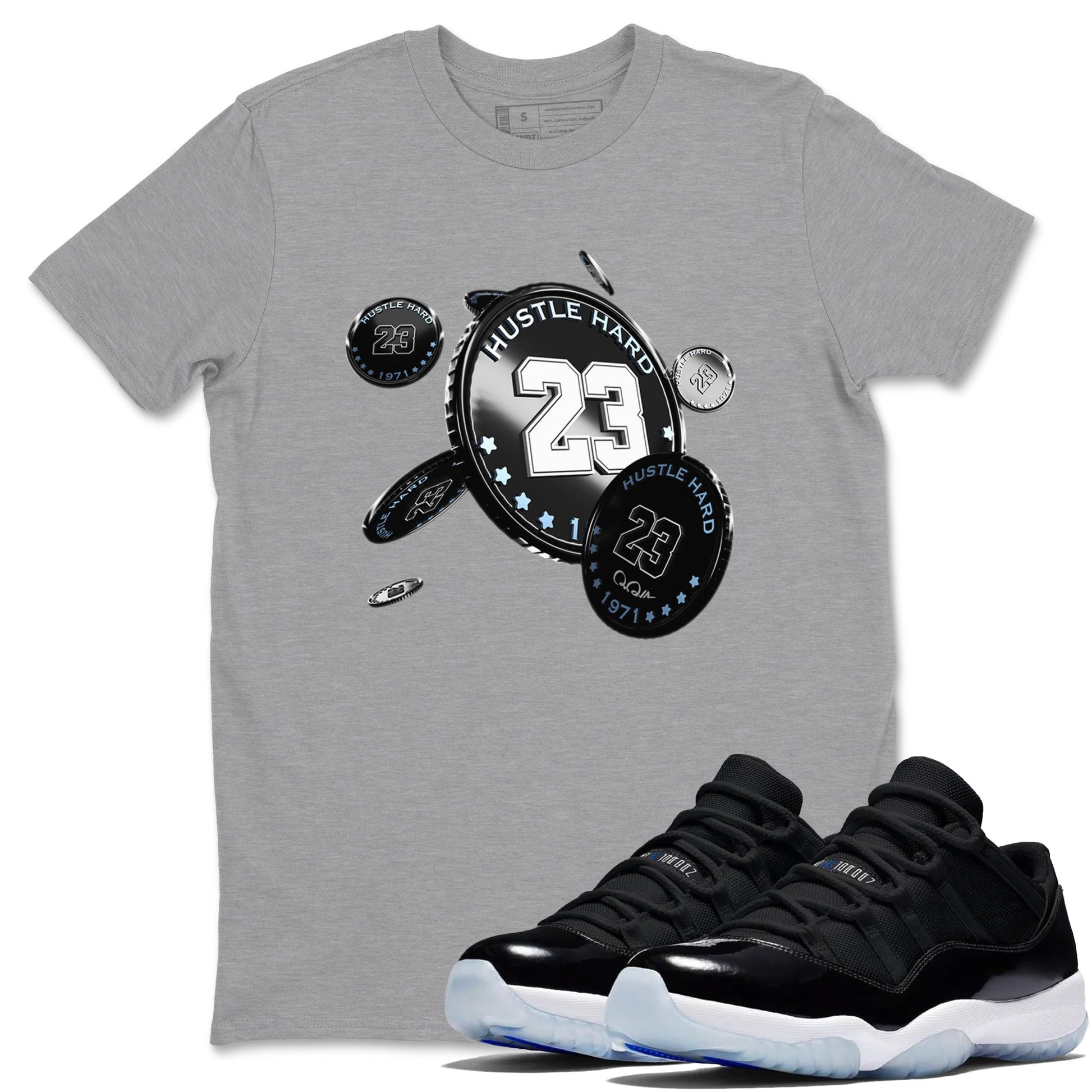 11s Black and Varsity Royal shirt to match jordans Coin Drop sneaker tees Air Jordan 11 Black/Varsity Royal SNRT Sneaker Release Tees Unisex Heather Grey 1 T-Shirt