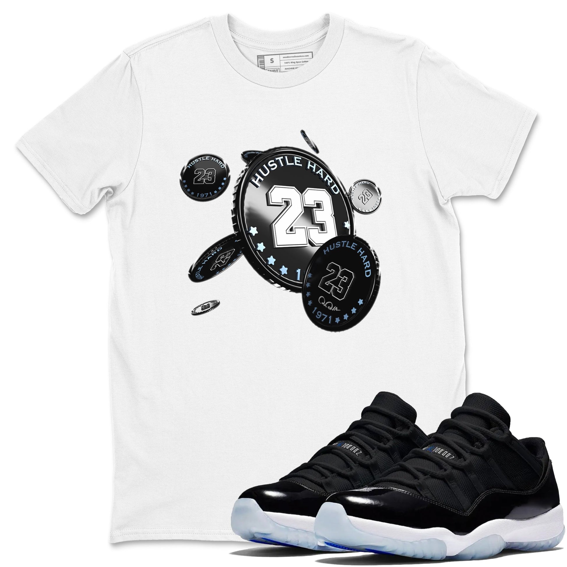 11s Black and Varsity Royal shirt to match jordans Coin Drop sneaker tees Air Jordan 11 Black/Varsity Royal SNRT Sneaker Release Tees Unisex White 1 T-Shirt