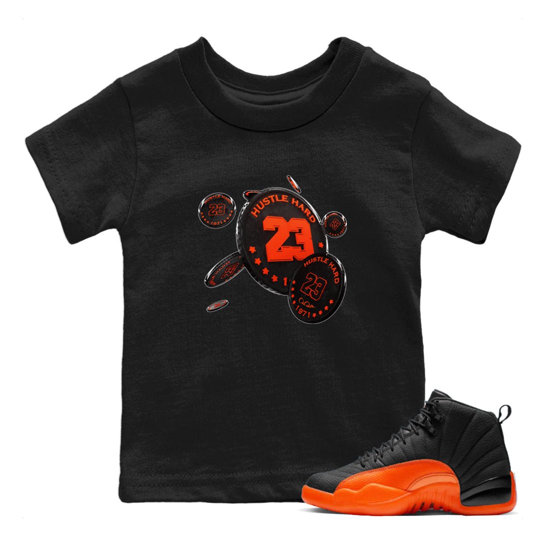 Air Jordan 12 Brilliant Orange Sneaker Match Tees Coin Drop Sneaker Tees AJ12 Brilliant Orange Sneaker Release Tees Kids Shirts Black 1