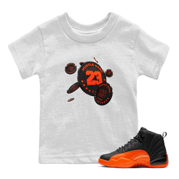 Air Jordan 12 Brilliant Orange Sneaker Match Tees Coin Drop Sneaker Tees AJ12 Brilliant Orange Sneaker Release Tees Kids Shirts White 1