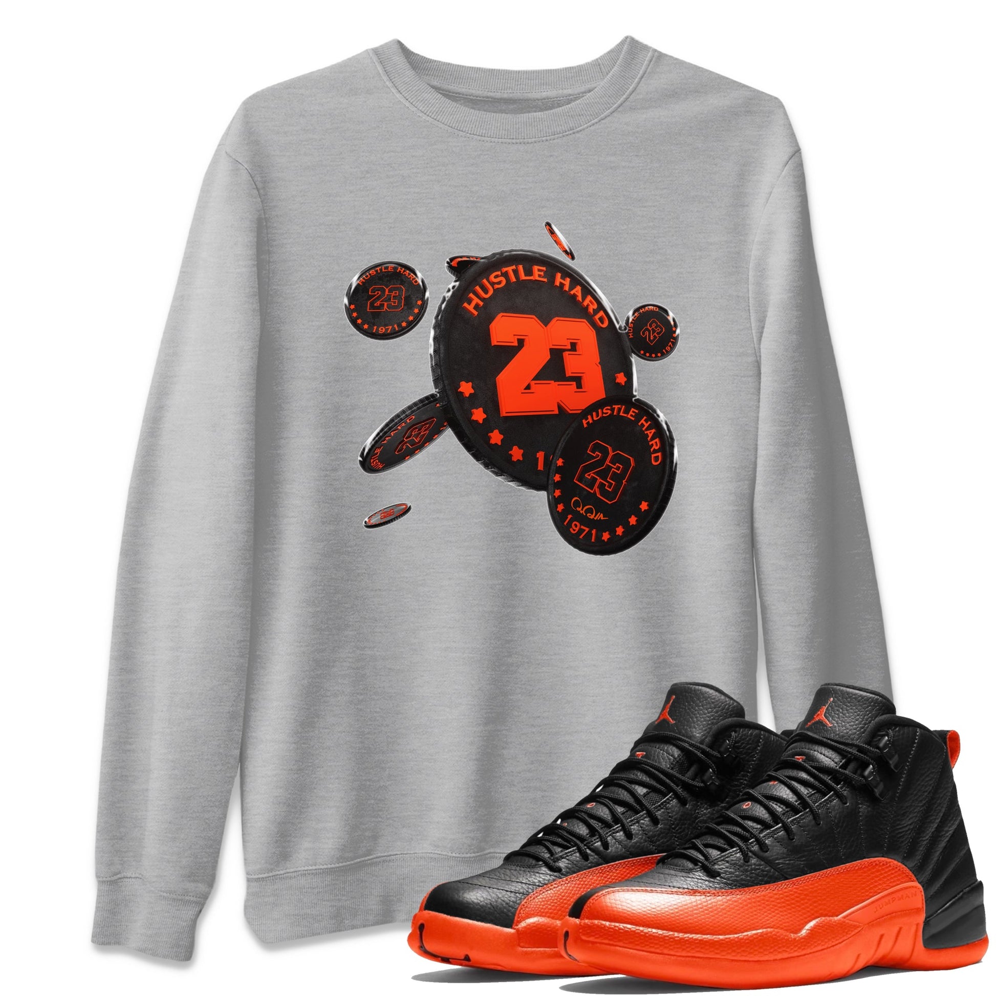 Air Jordan 12 Brilliant Orange Sneaker Match Tees Coin Drop Sneaker Tees AJ12 Brilliant Orange Sneaker Release Tees Unisex Shirts Heather Grey 1