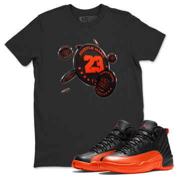 Air Jordan 12 Brilliant Orange Sneaker Match Tees Coin Drop Sneaker Tees AJ12 Brilliant Orange Sneaker Release Tees Unisex Shirts Black 1