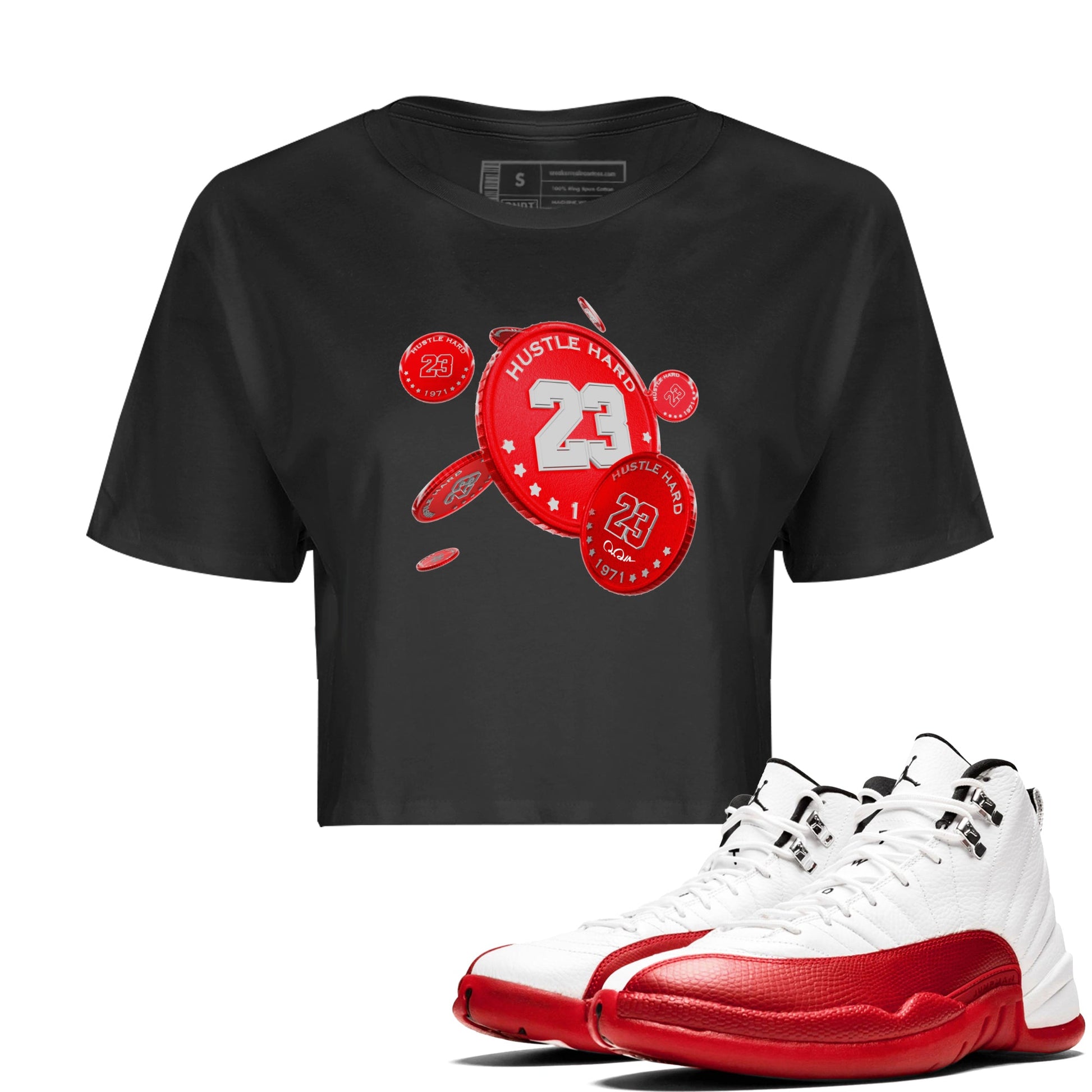 Air Jordan 12 Cherry Sneaker Match Tees Coin Drop Sneaker Tees AJ12 Cherry Sneaker Release Tees Women's Shirts Black 1