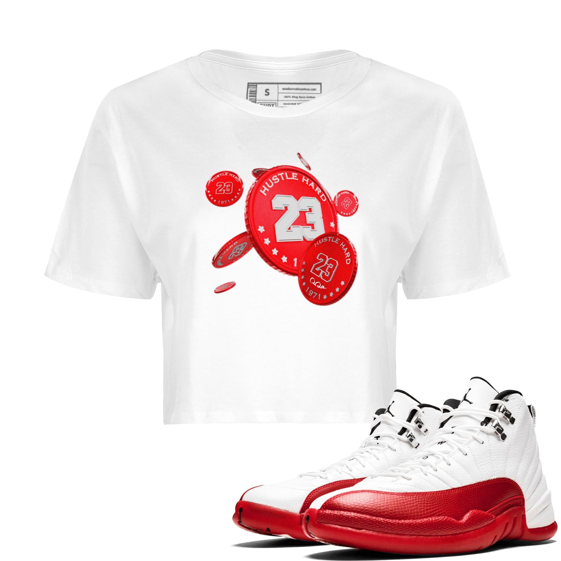 Air Jordan 12 Cherry Sneaker Match Tees Coin Drop Sneaker Tees AJ12 Cherry Sneaker Release Tees Women's Shirts White 1