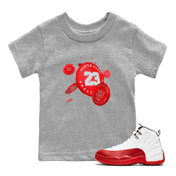 Air Jordan 12 Cherry Sneaker Match Tees Coin Drop Sneaker Tees AJ12 Cherry Sneaker Release Tees Kids Shirts Heather Grey 1