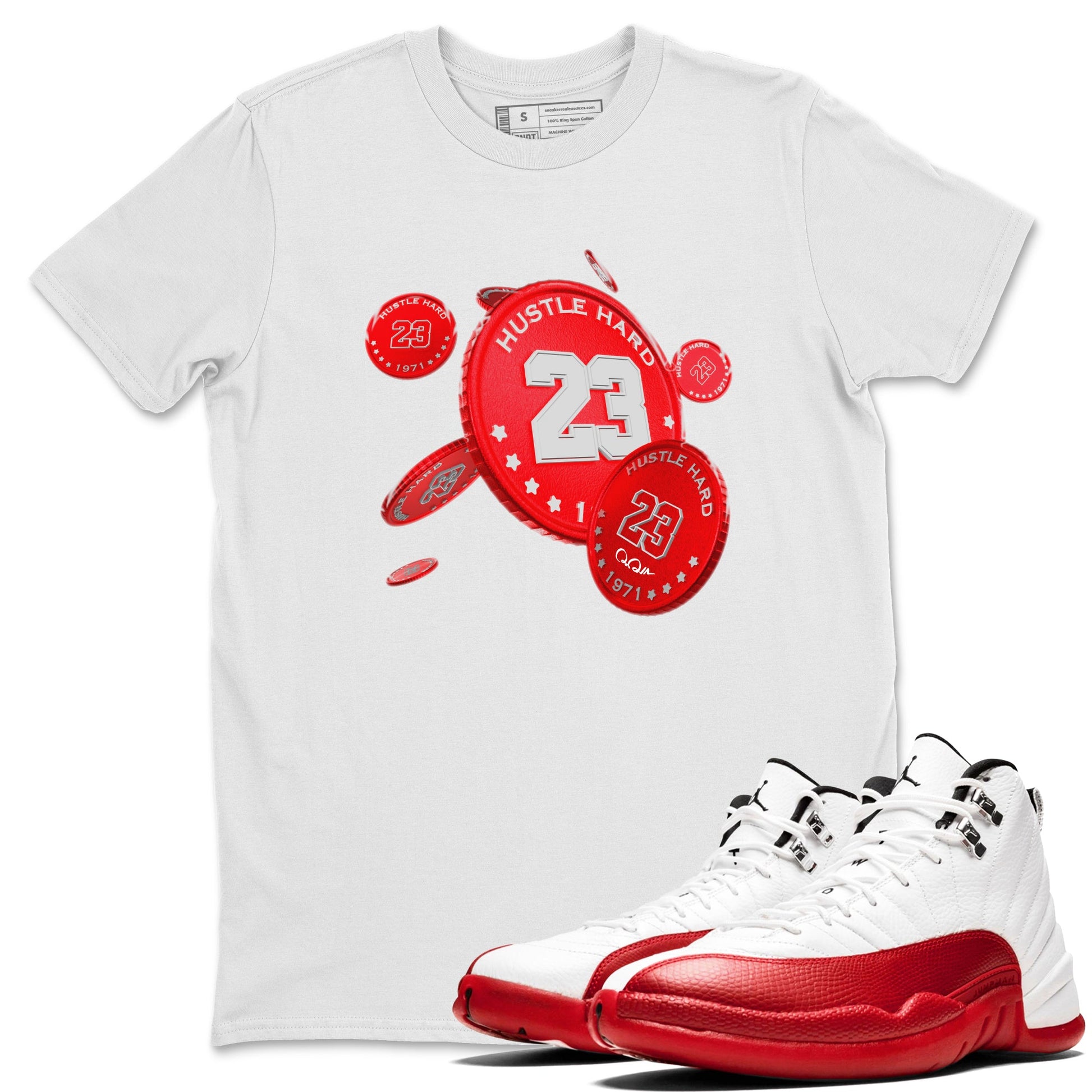 Air Jordan 12 Cherry Sneaker Match Tees Coin Drop Sneaker Tees AJ12 Cherry Sneaker Release Tees Unisex Shirts White 1