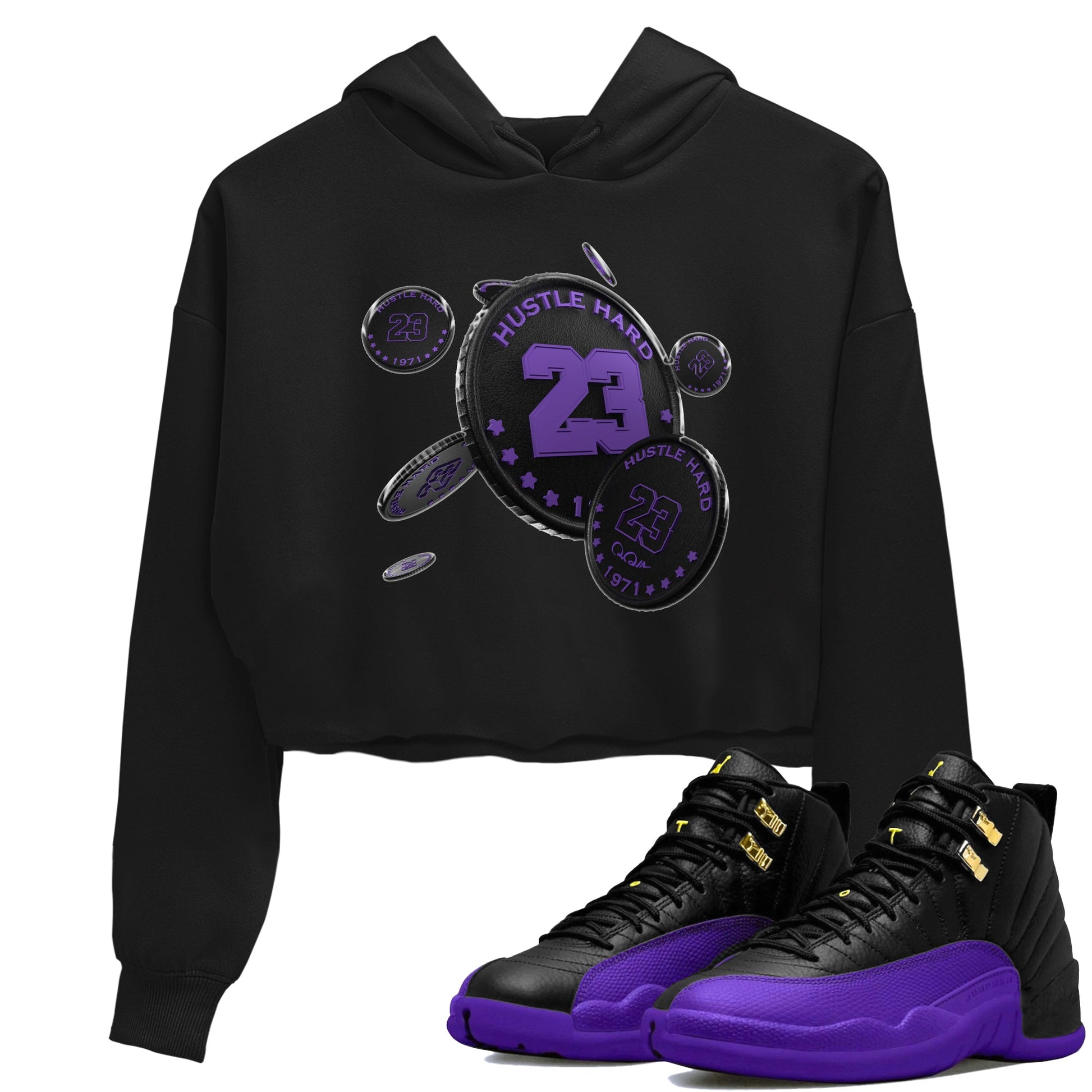 Air Jordan 12 Field Purple Sneaker Match Tees Coin Drop Sneaker Tees AJJordan 12 Lakers Sneaker Release Tees Women's Shirts Black 1