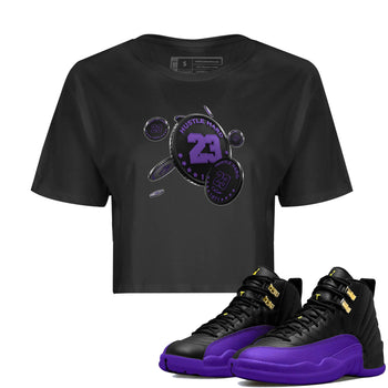 Air Jordan 12 Field Purple Sneaker Match Tees Coin Drop Sneaker Tees AJJordan 12 Lakers Sneaker Release Tees Women's Shirts Black 1